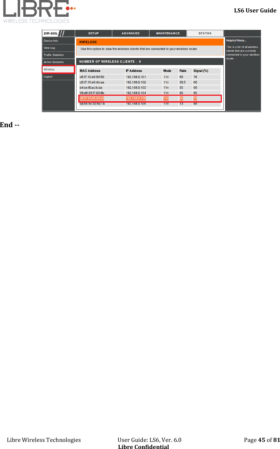     LS6 User Guide Libre Wireless Technologies                           User Guide: LS6, Ver. 6.0                                              Page 45 of 81 Libre Confidential  End --  