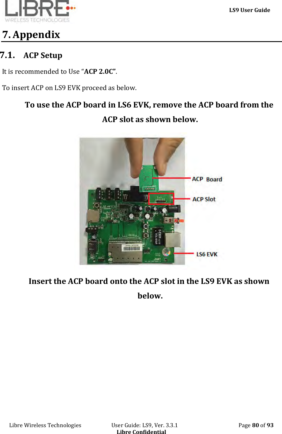     LS9 User Guide Libre Wireless Technologies                       User Guide: LS9, Ver. 3.3.1                                              Page 80 of 93 Libre Confidential 7. Appendix  7.1. ACP Setup It is recommended to Use “ACP 2.0C”.  To insert ACP on LS9 EVK proceed as below. To use the ACP board in LS6 EVK, remove the ACP board from the ACP slot as shown below.  Insert the ACP board onto the ACP slot in the LS9 EVK as shown below. 