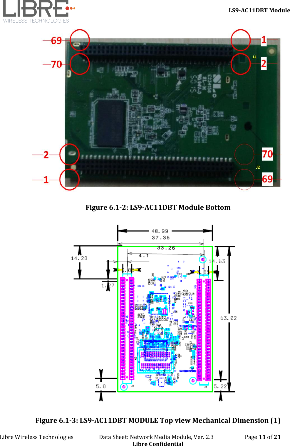     LS9-AC11DBT Module Libre Wireless Technologies                   Data Sheet: Network Media Module, Ver. 2.3                       Page 11 of 21 Libre Confidential  Figure 6.1-2: LS9-AC11DBT Module Bottom   Figure 6.1-3: LS9-AC11DBT MODULE Top view Mechanical Dimension (1) 