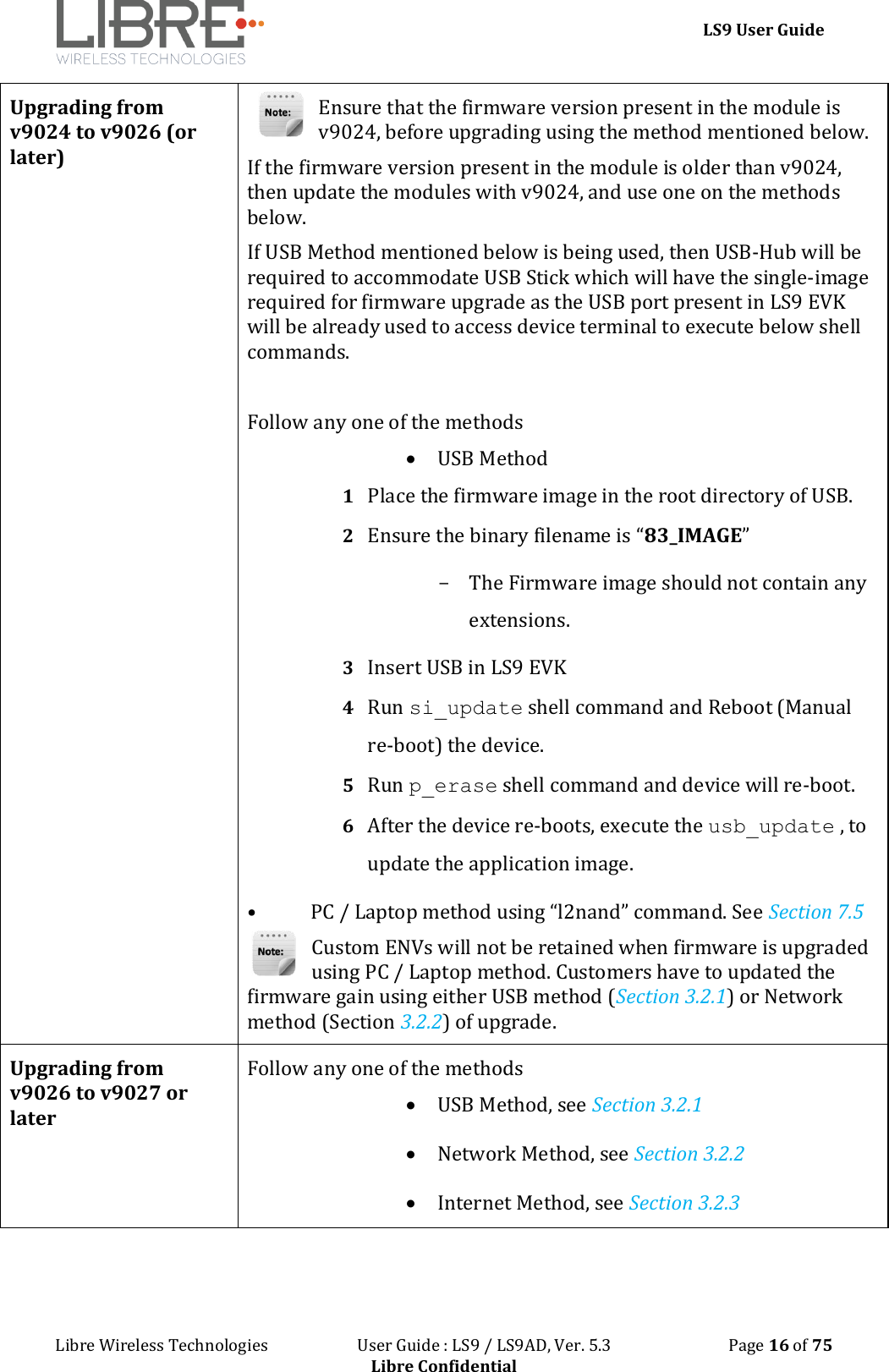 LS9 User Guide Libre Wireless Technologies User Guide : LS9 / LS9AD, Ver. 5.3 Page 16 of 75 Libre Confidential Upgrading from v9024 to v9026 (or later) Ensure that the firmware version present in the module is v9024, before upgrading using the method mentioned below. If the firmware version present in the module is older than v9024, then update the modules with v9024, and use one on the methods below. If USB Method mentioned below is being used, then USB-Hub will be required to accommodate USB Stick which will have the single-image required for firmware upgrade as the USB port present in LS9 EVK will be already used to access device terminal to execute below shell commands. Follow any one of the methods USB Method 1 Place the firmware image in the root directory of USB. 2 Ensure the binary filename is “83_IMAGE” - The Firmware image should not contain any extensions. 3 Insert USB in LS9 EVK 4 Run si_update shell command and Reboot (Manual re-boot) the device. 5 Run p_erase shell command and device will re-boot. 6 After the device re-boots, execute the usb_update , to update the application image. • PC / Laptop method using “l2nand” command. See Section 7.5 Custom ENVs will not be retained when firmware is upgraded using PC / Laptop method. Customers have to updated the firmware gain using either USB method (Section 3.2.1) or Network method (Section 3.2.2) of upgrade. Upgrading from v9026 to v9027 or later Follow any one of the methods USB Method, see Section 3.2.1 Network Method, see Section 3.2.2 Internet Method, see Section 3.2.3