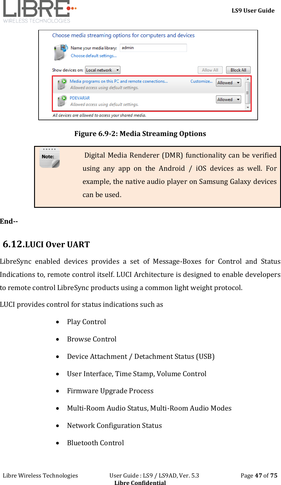 LS9 User Guide Libre Wireless Technologies User Guide : LS9 / LS9AD, Ver. 5.3 Page 47 of 75 Libre Confidential Figure 6.9-2: Media Streaming Options Digital Media Renderer (DMR) functionality can be verified using any app on the Android / iOS devices as well. For example, the native audio player on Samsung Galaxy devices can be used. End-- 6.12. LUCI Over UART LibreSync enabled devices provides a set of Message-Boxes for Control and Status Indications to, remote control itself. LUCI Architecture is designed to enable developers to remote control LibreSync products using a common light weight protocol. LUCI provides control for status indications such as Play Control Browse Control Device Attachment / Detachment Status (USB) User Interface, Time Stamp, Volume Control Firmware Upgrade Process Multi-Room Audio Status, Multi-Room Audio Modes Network Configuration Status Bluetooth Control