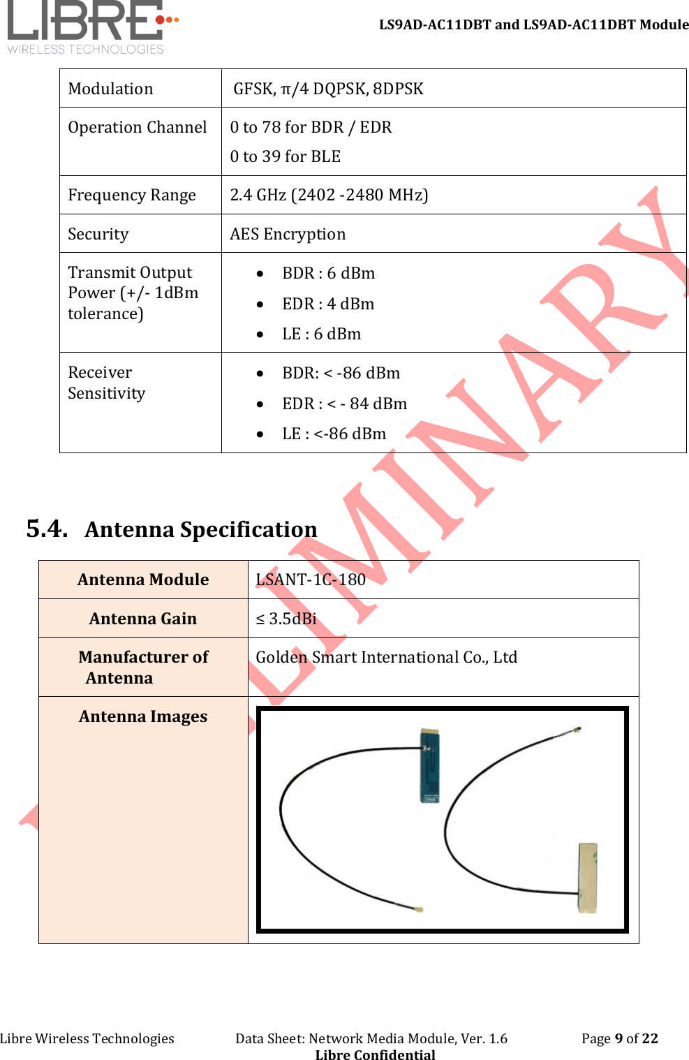 LS9AD-AC11DBT and LS9AD-AC11DBT Module Libre Wireless Technologies Data Sheet: Network Media Module, Ver. 1.6 Page 9 of 22 Libre Confidential Modulation GFSK, π/4 DQPSK, 8DPSK Operation Channel 0 to 78 for BDR / EDR 0 to 39 for BLE Frequency Range 2.4 GHz (2402 -2480 MHz) Security AES Encryption Transmit Output Power (+/- 1dBm tolerance) • BDR : 6 dBm • EDR : 4 dBm • LE : 6 dBm Receiver Sensitivity • BDR: < -86 dBm • EDR : < - 84 dBm • LE : <-86 dBm 5.4. Antenna Specification Antenna Module LSANT-1C-180 Antenna Gain ≤ 3.5dBi Manufacturer of Antenna Golden Smart International Co., Ltd Antenna Images