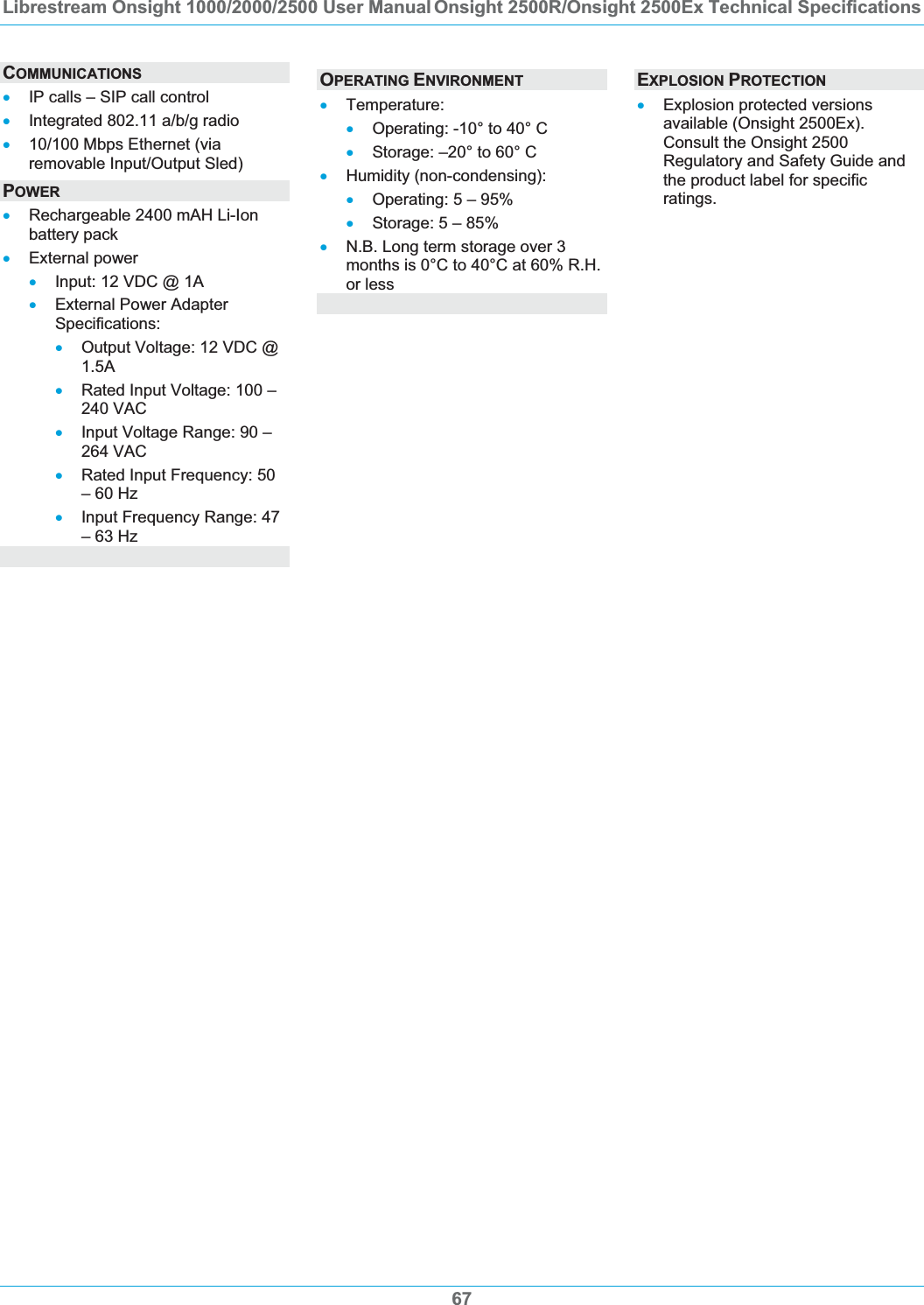 Librestream Onsight 1000/2000/2500 User Manual Onsight 2500R/Onsight 2500Ex Technical Specifications 67COMMUNICATIONSxIP calls &ndash; SIP call control xIntegrated 802.11 a/b/g radio x10/100 Mbps Ethernet (via removable Input/Output Sled) POWERxRechargeable 2400 mAH Li-Ion battery pack xExternal power xInput: 12 VDC @ 1A xExternal Power Adapter Specifications: xOutput Voltage: 12 VDC @ 1.5AxRated Input Voltage: 100 &ndash; 240 VAC xInput Voltage Range: 90 &ndash; 264 VAC xRated Input Frequency: 50 &ndash; 60 Hz xInput Frequency Range: 47 &ndash; 63 Hz OPERATING ENVIRONMENTxTemperature: xOperating: -10&deg; to 40&deg; C xStorage: &ndash;20&deg; to 60&deg; C xHumidity (non-condensing): xOperating: 5 &ndash; 95% xStorage: 5 &ndash; 85% xN.B. Long term storage over 3 months is 0&deg;C to 40&deg;C at 60% R.H. or less EXPLOSION PROTECTIONxExplosion protected versions available (Onsight 2500Ex). Consult the Onsight 2500 Regulatory and Safety Guide and the product label for specific ratings.