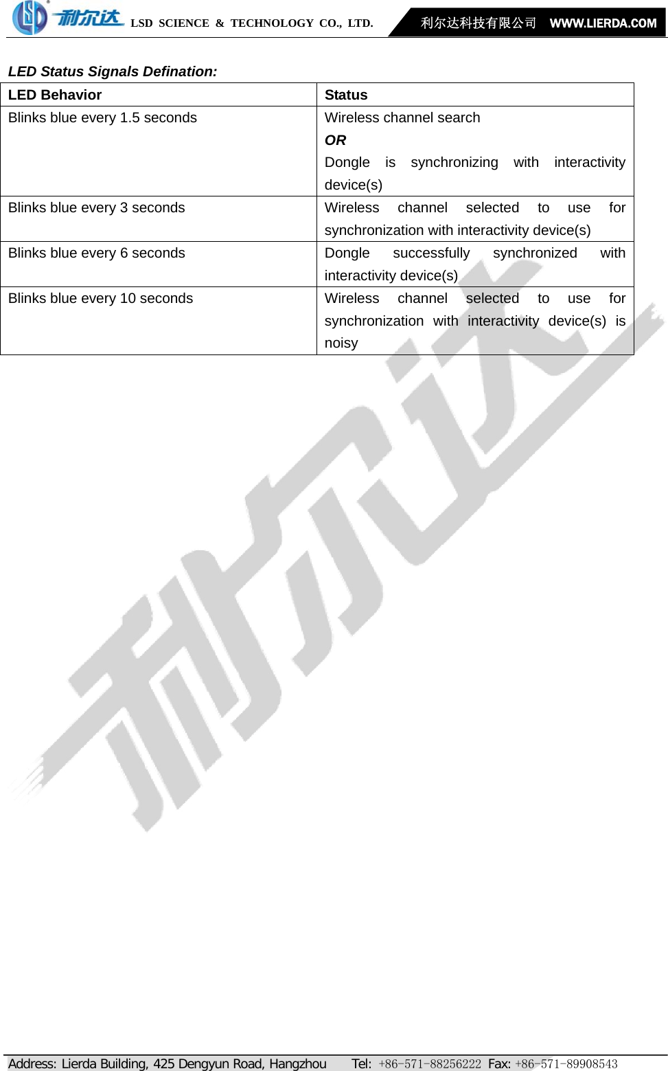            LSD SCIENCE &amp; TECHNOLOGY CO., LTD.       利尔达科技有限公司  WWW.LIERDA.COM   Address: Lierda Building, 425 Dengyun Road, Hangzhou    Tel: +86-571-88256222 Fax: +86-571-89908543  LED Status Signals Defination: LED Behavior  Status Blinks blue every 1.5 seconds  Wireless channel search OR Dongle is synchronizing with interactivity device(s) Blinks blue every 3 seconds  Wireless  channel  selected  to  use  for synchronization with interactivity device(s) Blinks blue every 6 seconds  Dongle  successfully synchronized with interactivity device(s) Blinks blue every 10 seconds  Wireless  channel  selected  to  use  for synchronization with interactivity device(s) is noisy     