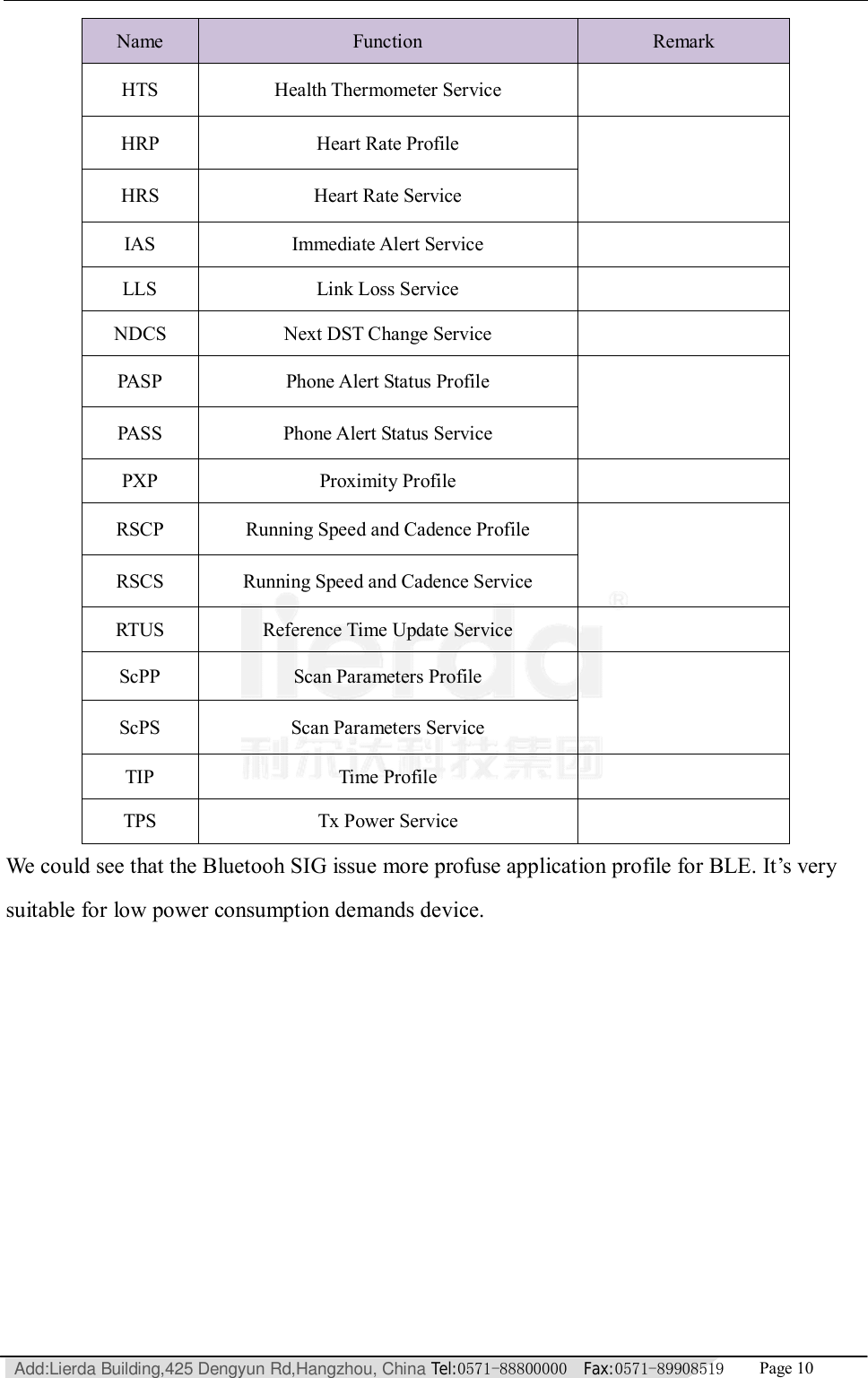   Add:Lierda Building,425 Dengyun Rd,Hangzhou, China Tel:0571-88800000  Fax:0571-89908519   Page 10  Name  Function  Remark HTS  Health Thermometer Service HRP  Heart Rate Profile  HRS  Heart Rate Service IAS  Immediate Alert Service   LLS  Link Loss Service   NDCS  Next DST Change Service   PASP  Phone Alert Status Profile  PASS  Phone Alert Status Service PXP  Proximity Profile   RSCP  Running Speed and Cadence Profile  RSCS  Running Speed and Cadence Service RTUS  Reference Time Update Service   ScPP  Scan Parameters Profile  ScPS  Scan Parameters Service TIP  Time Profile   TPS  Tx Power Service   We could see that the Bluetooh SIG issue more profuse application profile for BLE. It’s very suitable for low power consumption demands device.      