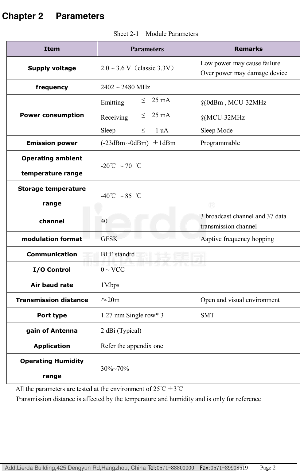   Add:Lierda Building,425 Dengyun Rd,Hangzhou, China Tel:0571-88800000  Fax:0571-89908519   Page 2  Chapter 2 Parameters Sheet 2-1  Module Parameters Item  Parameters  Remarks Supply voltage  2.0 ~ 3.6 V（classic 3.3V） Low power may cause failure. Over power may damage device frequency  2402 ~ 2480 MHz   Power consumption Emitting  ≤  25 mA  @0dBm , MCU-32MHz Receiving  ≤  25 mA  @MCU-32MHz Sleep  ≤   1 uA  Sleep Mode Emission power  (-23dBm ~0dBm)  ±1dBm  Programmable Operating ambient temperature range -20℃ ~ 70  ℃   Storage temperature range -40℃ ~ 85  ℃   channel  40  3 broadcast channel and 37 data transmission channel modulation format  GFSK  Aaptive frequency hopping Communication  BLE standrd   I/O Control  0 ~ VCC   Air baud rate  1Mbps   Transmission distance  ≈20m  Open and visual environment Port type  1.27 mm Single row* 3  SMT gain of Antenna  2 dBi (Typical)   Application  Refer the appendix one   Operating Humidity  range 30%~70%   All the parameters are tested at the environment of 25℃±3℃ Transmission distance is affected by the temperature and humidity and is only for reference  