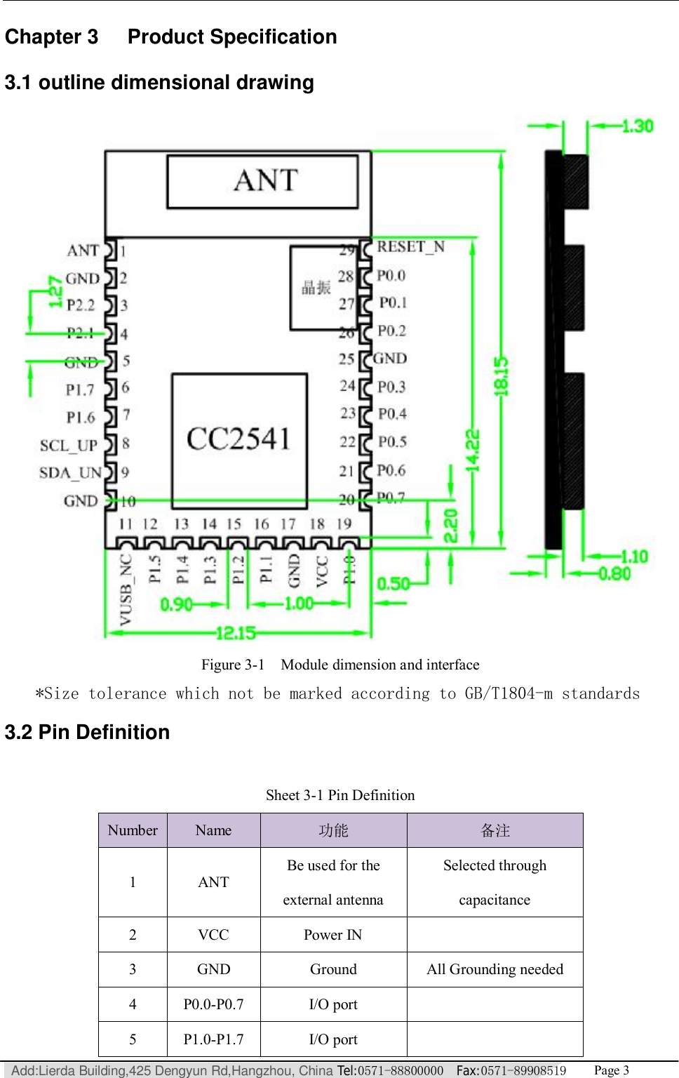   Add:Lierda Building,425 Dengyun Rd,Hangzhou, China Tel:0571-88800000  Fax:0571-89908519   Page 3  Chapter 3 Product Specification 3.1 outline dimensional drawing  Figure 3-1  Module dimension and interface *Size tolerance which not be marked according to GB/T1804-m standards 3.2 Pin Definition  Sheet 3-1 Pin Definition Number Name  功能 备注 1  ANT Be used for the external antenna  Selected through capacitance 2  VCC  Power IN   3  GND  Ground  All Grounding needed 4  P0.0-P0.7  I/O port   5  P1.0-P1.7  I/O port   