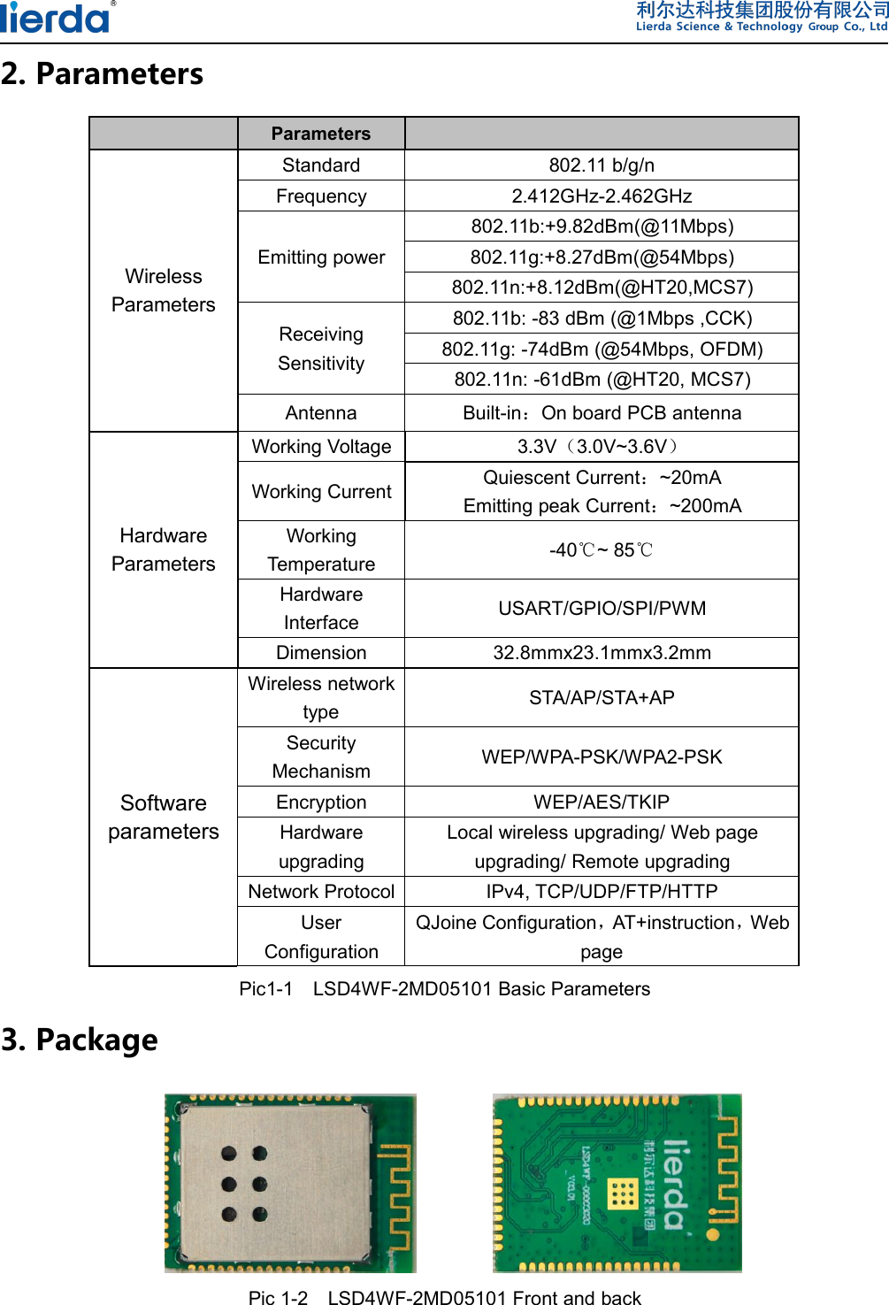 2. ParametersParametersWirelessParametersStandard 802.11 b/g/nFrequency 2.412GHz-2.462GHzEmitting powerReceivingSensitivity802.11b: -83 dBm (@1Mbps ,CCK)802.11g: -74dBm (@54Mbps, OFDM)802.11n: -61dBm (@HT20, MCS7)Antenna Built-in：On board PCB antennaHardwareParametersWorking Voltage 3.3V（3.0V~3.6V）Working Current Quiescent Current：~20mAEmitting peak Current：~200mAWorkingTemperature -40℃~ 85℃HardwareInterface USART/GPIO/SPI/PWMDimension 32.8mmx23.1mmx3.2mmSoftwareparametersWireless networktype STA/AP/STA+APSecurityMechanism WEP/WPA-PSK/WPA2-PSKEncryption WEP/AES/TKIPHardwareupgradingLocal wireless upgrading/ Web pageupgrading/ Remote upgradingNetwork Protocol IPv4, TCP/UDP/FTP/HTTPUserConfigurationQJoine Configuration，AT+instruction，WebpagePic1-1 LSD4WF-2MD05101 Basic Parameters3. PackagePic 1-2 LSD4WF-2MD05101 Front and back802.11b:+9.82dBm(@11Mbps)802.11g:+8.27dBm(@54Mbps)802.11n:+8.12dBm(@HT20,MCS7)