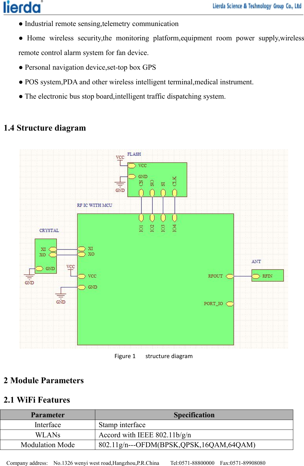 Company address: No.1326 wenyi west road,Hangzhou,P.R.China Tel:0571-88800000 Fax:0571-89908080● Industrial remote sensing,telemetry communication● Home wireless security,the monitoring platform,equipment room power supply,wirelessremote control alarm system for fan device.● Personal navigation device,set-top box GPS● POS system,PDA and other wireless intelligent terminal,medical instrument.● The electronic bus stop board,intelligent traffic dispatching system.1.4 Structure diagramFigure 1 structure diagram2 Module Parameters2.1 WiFi FeaturesParameter SpecificationInterface Stamp interfaceWLANs Accord with IEEE 802.11b/g/nModulation Mode 802.11g/n---OFDM(BPSK,QPSK,16QAM,64QAM)