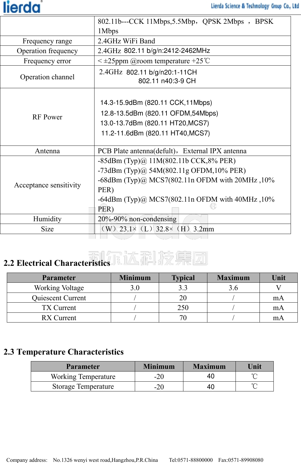 Company address: No.1326 wenyi west road,Hangzhou,P.R.China Tel:0571-88800000 Fax:0571-89908080802.11b---CCK 11Mbps,5.5Mbp，QPSK 2Mbps ，BPSK1MbpsFrequency range 2.4GHz WiFi BandOperation frequency 2.4GHzFrequency error &lt; ±25ppm @room temperature +25℃Operation channel 2.4GHzRF PowerAntenna PCB Plate antenna(defult)，External IPX antennaAcceptance sensitivity-85dBm (Typ)@ 11M(802.11b CCK,8% PER)-73dBm (Typ)@ 54M(802.11g OFDM,10% PER)-68dBm (Typ)@ MCS7(802.11n OFDM with 20MHz ,10%PER)-64dBm (Typ)@ MCS7(802.11n OFDM with 40MHz ,10%PER)Humidity 20%-90% non-condensingSize （W）23.1×（L）32.8×（H）3.2mm2.2 Electrical CharacteristicsParameter Minimum Typical Maximum UnitWorking Voltage 3.0 3.3 3.6 VQuiescent Current / 20 / mATX Current / 250 / mARX Current / 70 / mA2.3 Temperature CharacteristicsParameter Minimum Maximum UnitWorking Temperature -20 ℃Storage Temperature ℃802.11 b/g/n:2412-2462MHz14.3-15.9dBm (820.11 CCK,11Mbps)12.8-13.5dBm (820.11 OFDM,54Mbps)11.2-11.6dBm (820.11 HT40,MCS7)13.0-13.7dBm (820.11 HT20,MCS7)40-20 40802.11 b/g/n20:1-11CH802.11 n40:3-9 CH