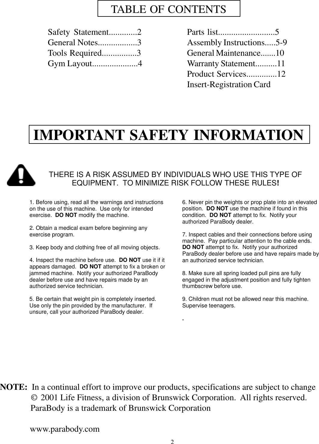 Page 2 of 12 - Life-Fitness Life-Fitness-874-Users-Manual- 874108 MULTI ANGLE BENCH(73490)  Life-fitness-874-users-manual