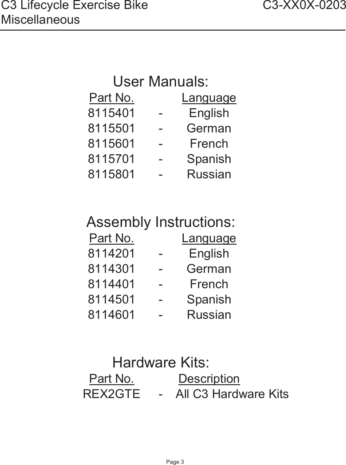 Page 3 of 11 - Life-Fitness Life-Fitness-C3-Lifecycle-Exercise-Bike-C3-Xxox-0203-Users-Manual- C3-0203 Parts List  Life-fitness-c3-lifecycle-exercise-bike-c3-xxox-0203-users-manual
