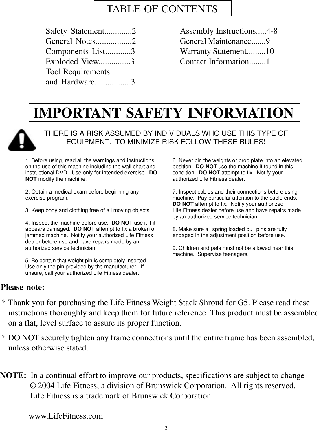 Page 2 of 11 - Life-Fitness Life-Fitness-Gs5-Users-Manual- 7822601 LFG5-SHR-101  Life-fitness-gs5-users-manual