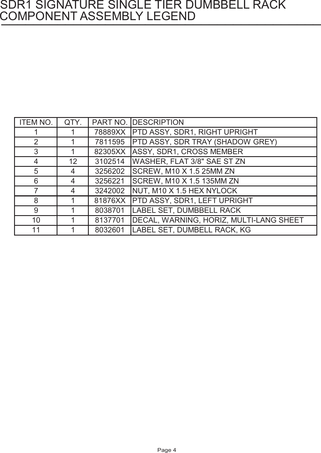 Page 4 of 12 - Life-Fitness Life-Fitness-Sdr1-Users-Manual- SDR1 Parts List  Life-fitness-sdr1-users-manual