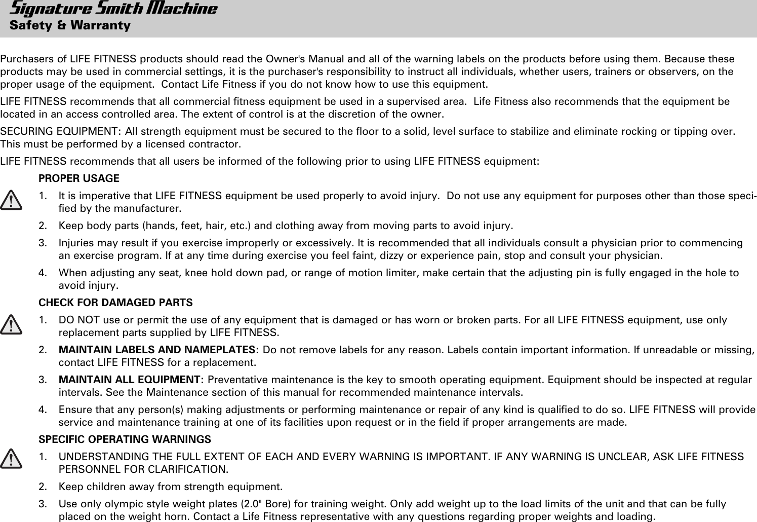 Life Fitness Smith Machine Users Manual SSM_8376701_RevA 1_Owners