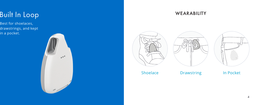 Built In LoopBest for shoelaces, drawstrings, and kept in a pocket.WEARABILITYShoelace Drawstring In Pocket4