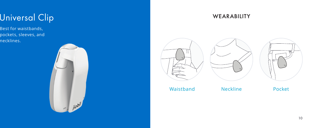 Universal ClipBest for waistbands, pockets, sleeves, and necklines.Waistband Neckline PocketWEARABILITY10