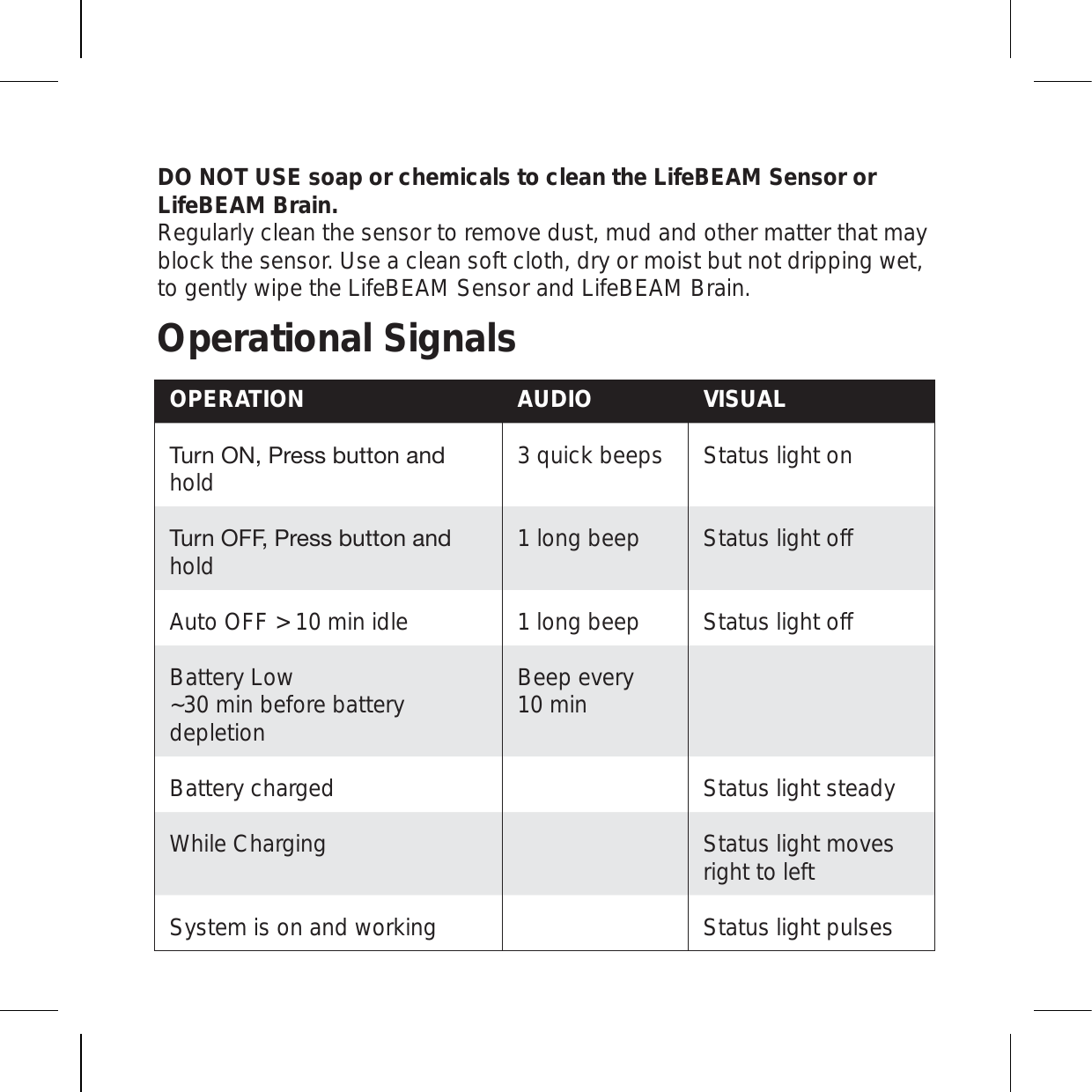 DO NOT USE soap or chemicals to clean the LifeBEAM Sensor or LifeBEAM Brain. Regularly clean the sensor to remove dust, mud and other matter that may block the sensor. Use a clean soft cloth, dry or moist but not dripping wet, to gently wipe the LifeBEAM Sensor and LifeBEAM Brain. Operational SignalsVISUALAUDIOOPERATIONStatus light on 3 quick beeps;\YU657YLZZI\[[VUHUKholdStatus light off1 long beep;\YU6--7YLZZI\[[VUHUKholdStatus light off1 long beepAuto OFF &gt; 10 min idleBeep every10 minBattery Low~30 min before battery depletionStatus light steadyBattery chargedStatus light moves right to leftWhile ChargingStatus light pulsesSystem is on and working