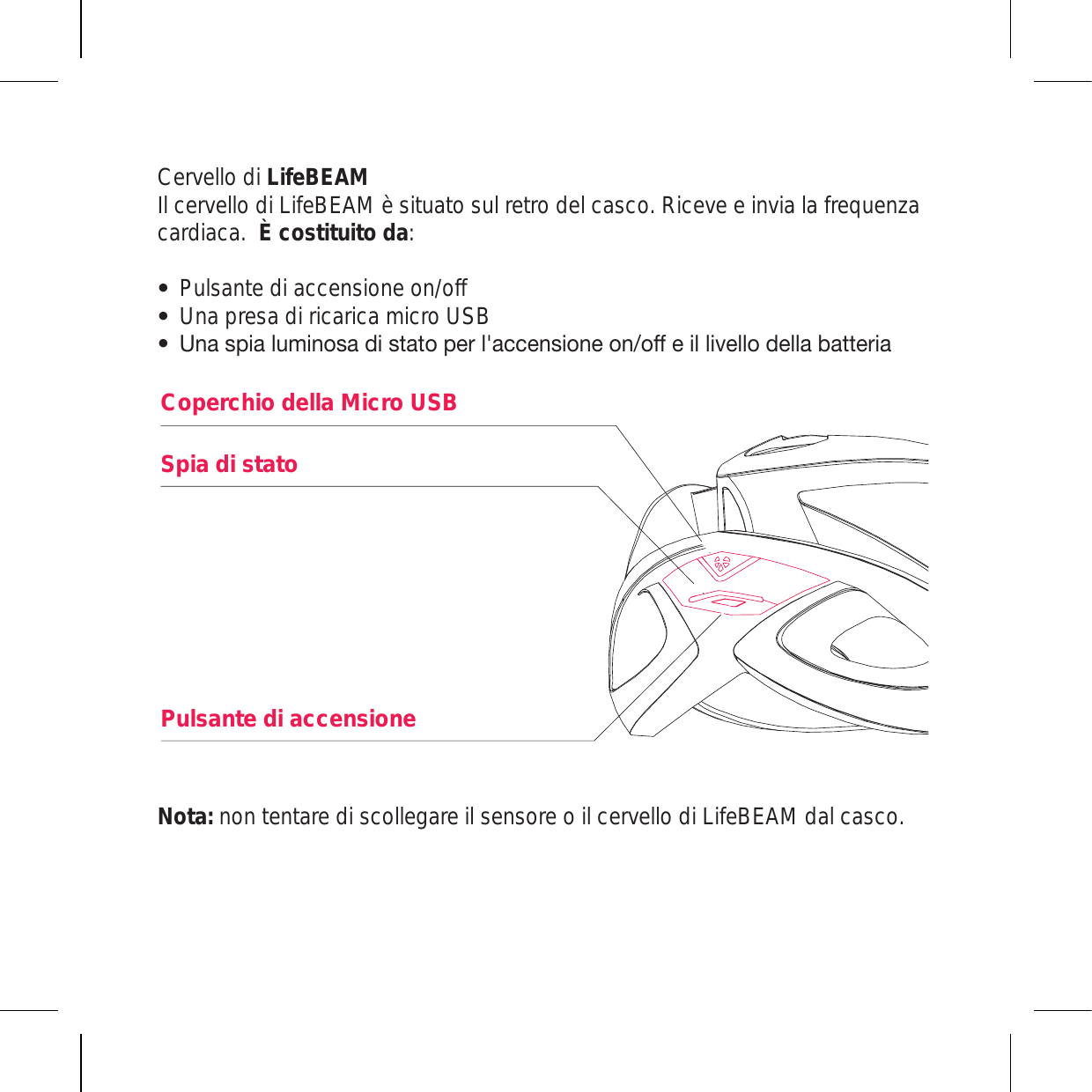 Cervello di LifeBEAMIl cervello di LifeBEAM è situato sul retro del casco. Riceve e invia la frequenza cardiaca.  È costituito da:Pulsante di accensione on/offUna presa di ricarica micro USB&lt;UHZWPHS\TPUVZHKPZ[H[VWLYSHJJLUZPVULVUVMMLPSSP]LSSVKLSSHIH[[LYPHNota: non tentare di scollegare il sensore o il cervello di LifeBEAM dal casco.Coperchio della Micro USBSpia di statoPulsante di accensione