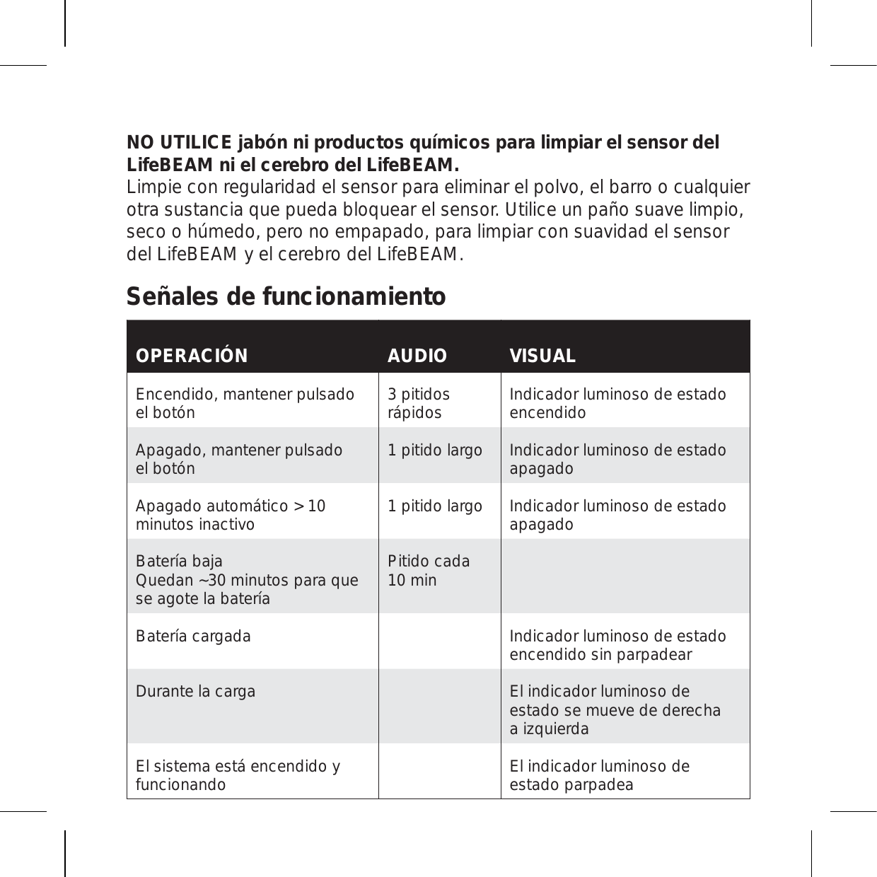 NO UTILICE jabón ni productos químicos para limpiar el sensor del LifeBEAM ni el cerebro del LifeBEAM. Limpie con regularidad el sensor para eliminar el polvo, el barro o cualquier otra sustancia que pueda bloquear el sensor. Utilice un paño suave limpio, seco o húmedo, pero no empapado, para limpiar con suavidad el sensor del LifeBEAM y el cerebro del LifeBEAM. Señales de funcionamientoVISUALAUDIOOPERACIÓNIndicador luminoso de estado encendido3 pitidos rápidosEncendido, mantener pulsado el botónIndicador luminoso de estado apagado1 pitido largoApagado, mantener pulsado el botónIndicador luminoso de estado apagado1 pitido largoApagado automático &gt; 10 minutos inactivoPitido cada10 minBatería bajaQuedan ~30 minutos para que se agote la bateríaIndicador luminoso de estado encendido sin parpadearBatería cargadaEl indicador luminoso de estado se mueve de derecha a izquierdaDurante la cargaEl indicador luminoso de estado parpadeaEl sistema está encendido y funcionando