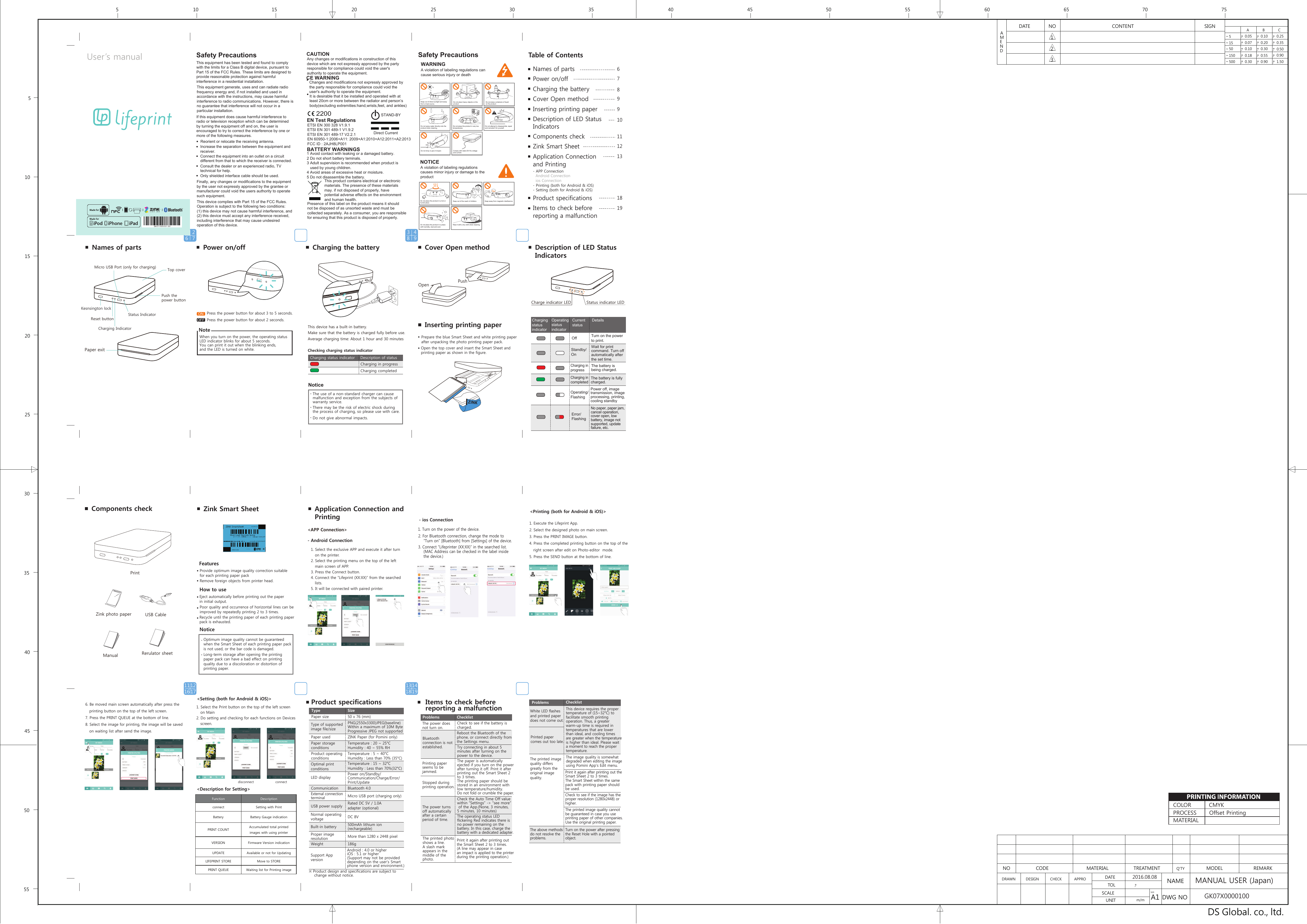 555045403530CHECKDRAWN DESIGNNO CODEDWG NOUNIT m/mQ'TYNAMEDATEAPPROTOLSCALEMATERIAL+-TREATMENT MODEL REMARK102520155510 15 20 25 30NO2D3ANEM135 40  45 50 55 60 65DATE CBA50~500~~15015~~5+0.500.30+0.10+0.550.90-+--+0.18-+--0.30+-+-0.90-+1.500.200.10-+-+0.07--+0.05+-+-0.35+0.25CONTENT70 75SIGNA1SIZEDS Global. co., ltd.Description of LED Status IndicatorsDetailsCharging status indicatorOperating statusindicatorCurrentstatusOff Turn on the power to print.Standby/OnWait for print command. Turn off automatically afterthe set time.Charging in progressThe battery is being charged.The battery is fully charged.Charging incompletedOperating/FlashingNo paper, paper jam, cancel operation, cover open, low battery, image not supported, update failure, etc. Power off, image transmission, image processing, printing, cooling standbyError/FlashingCharge indicator LED Status indicator LEDMATERIALPROCESSCMYKCOLOROffset Printing62784391116 1712 131418 19MANUAL USER (Japan)    GK07X00001002016.08.08User&rsquo;s manual症状Safety PrecautionsReorient or relocate the receiving antenna. Increase the separation between the equipment and receiver. Connect the equipment into an outlet on a circuit different from that to which the receiver is connected. Consult the dealer or an experienced radio, TV technical for help. Only shielded interface cable should be used. This equipment has been tested and found to comply with the limits for a Class B digital device, pursuant to Part 15 of the FCC Rules. These limits are designed to provide reasonable protection against harmful interference in a residential installation. This equipment generate, uses and can radiate radio frequency energy and, if not installed and used in accordance with the instructions, may cause harmful interference to radio communications. However, there is no guarantee that interference will not occur in a particular installation. If this equipment does cause harmful interference to radio or television reception which can be determined by turning the equipment off and on, the user is encouraged to try to correct the interference by one or more of the following measures. Finally, any changes or modifications to the equipment by the user not expressly approved by the grantee or manufacturer could void the users authority to operate such equipment.This device complies with Part 15 of the FCC Rules. Operation is subject to the following two conditions: (1) this device may not cause harmful interference, and (2) this device must accept any interference received, including interference that may cause undesired operation of this device.Safety PrecautionsKeep out of direct sunlight and away from a heat source.Do not place heavy objects on the product.Do not place containers of liquid on the product.Do not spray water directly onto the product when cleaning.Do not place the product in very low temperatures.Do not attempt to disassemble, repair and remodel it for yourself.Do not drop or give it impact. Comply with rated (5V1A) voltage and current.A violation of labeling regulations can cause serious injury or deathWARNINGAny changes or modifications in construction of this device which are not expressly approved by the partyresponsible for compliance could void the user's authority to operate the equipment.  Changes and modifications not expressly approved by   the party responsible for compliance could void the   user's authority to operate the equipment.CAUTIONCE WARNINGETSI EN 300 328 V1.9.1ETSI EN 301 489-1 V1.9.2 ETSI EN 301 489-17 V2.2.1EN 60950-1:2006+A11: 2009+A1:2010+A12:2011+A2:2013FCC ID : 2AJH8LP001EN Test Regulations22001 Avoid contact with leaking or a damaged battery.2 Do not short battery teminals.3 Adult supervision is recommended when product is    used by young children.4 Avoid areas of excessive heat or moisture.5 Do not disassemble the battery.This product contains electrical or electronicmaterials. The presence of these materialsmay. if not disposed of properly, have potential adverse effects on the environmentand human health. Presence of this label on the product means it should not be disposed of as unsorted waste and must be collected separately. As a consumer, you are responsible for ensuring that this product is disposed of properly.    BATTERY WARNINGS  It is desirable that it be installed and operated with at   least 20cm or more between the radiator and person&rsquo;s   body(excluding extremities:hand,wrists,feet, and ankles)   Product specificationsTypeSizePaper size 50 x 76 (mm)Type of supported image file/sizePNG(2550x3300)JPEG(baseline)Within a maximum of 10M ByteProgressive JPEG not supportedPaper used ZINK Paper (for Pomini only)Paper storage conditionsTemperature : 20 ~ 25&deg;CHumidity : 40 ~ 55% RHProduct operating conditionsTemperature : 5 ~ 40&deg;CHumidity : Less than 70% (35&deg;C)Optimal print conditionsTemperature : 15 ~ 32&deg;CHumidity : Less than 70%(32&deg;C)LED display Power on/Standby/Communication/Charge/Error/Print/UpdateCommunication Bluetooth 4.0External connection terminal Micro USB port (charging only)USB power supply Rated DC 5V / 1.0A adapter (optional)Normal operatingvoltageBuilt-in battery 500mAh lithium ion (rechargeable)DC 8V※ Product design and specifications are subject to     change without notice.Android : 4.0 or higheriOS : 5.1 or higher(Support may not be provided depending on the user&rsquo;s Smartphone version and environment.)Support App versionProper image resolution More than 1280 x 2448 pixel Weight 186g      Items to check before     reporting a malfunctionThe power does not turn on.Check to see if the battery is charged.Problems ChecklistBluetooth connection is not established.Reboot the Bluetooth of the phone, or connect directly from the Settings menu.Try connecting in about 5 minutes after turning on the power to the device.Printing paper seems to be jammed.Stopped during printing operation.The paper is automatically ejected if you turn on the power after turning it off. Print it after printing out the Smart Sheet 2 to 3 times. The printing paper should be stored in an environment with low temperature/humidity. Do not fold or crumble the paper.The power turns off automatically after a certain period of time.Check the Auto Time Off value within &ldquo;Settings&rdquo; -> &ldquo;see more&rdquo; of the App.(None, 3 minutes, 5 minutes, 10 minutes)The operating status LED flickering Red indicates there is no power remaining on the battery. In this case, charge the battery with a dedicated adapter. The printed photo shows a line.A slash mark appears in the middle of the photo.Print it again after printing out the Smart Sheet 2 to 3 times. (A line may appear in case an impact is applied to the printer during the printing operation.)Problems ChecklistWhite LED flashes and printed paper does not come out.This device requires the proper temperature of (15~32&deg;C) to facilitate smooth printing operation. Thus, a greater warm-up time is required in temperatures that are lower than ideal, and cooling times are greater when the temperature is higher than ideal. Please wait a moment to reach the proper temperature.Printed paper comes out too late.The printed image quality differs greatly from the original image quality.The image quality is somewhat degraded when editing the image using Pomini App&rsquo;s Edit menu.Print it again after printing out the Smart Sheet 2 to 3 times. The Smart Sheet within the same pack with printing paper should be used.Check to see if the image has the proper resolution (1280x2448) or higher.The printed image quality cannot be guaranteed in case you use printing paper of other companies.Use the original printing paper.Turn on the power after pressing the Reset Hole with a pointed object.The above methods do not resolve the problems.Do not place the product in a hot or humid place.Keep out of the reach of children. Keep away from magnetic interference.Do not place the product in a place with humidity, dust and soot.Wipe it with a dry cloth when cleaning.NOTICEA violation of labeling regulations causes minor injury or damage to theproductDirect CurrentSTAND-BYComponents checkPrintZink photo paperManualUSB CableRerulator sheetCharging the batteryThis device has a built-in battery. Make sure that the battery is charged fully before use.Average charging time: About 1 hour and 30 minutesCharging status indicator Description of statusCharging in progressCharging completedThe use of a non-standard charger can cause malfunction and exception from the subjects of warranty service.Do not give abnormal impacts.NoticeChecking charging status indicatorThere may be the risk of electric shock during the process of charging, so please use with care.Cover Open methodInserting printing paperPrepare the blue Smart Sheet and white printing paper after unpacking the photo printing paper pack.Open the top cover and insert the Smart Sheet and printing paper as shown in the figure.PushOpenApplication Connection and Printing<APP Connection>- Android Connection                1. Select the exclusive APP and execute it after turn    on the printer.2. Select the printing menu on the top of the left    main screen of APP.3. Press the Connect button.4. Connect the &ldquo;Lifeprint (XX:XX)&rdquo; from the searched   lists.5. It will be connected with paired printer.6. Be moved main screen automatically after press the    printing button on the top of the left screen.7. Press the PRINT QUEUE at the bottom of line.8. Select the image for printing, the image will be saved    on waiting list after send the image.- ios Connection 1. Turn on the power of the device.2. For Bluetooth connection, change the mode to     &ldquo;Turn on&rdquo; [Bluetooth] from [Settings] of the device.3. Connect &ldquo;Lifeprinter (XX:XX)&rdquo; in the searched list.    (MAC Address can be checked in the label inside     the device.)          <Printing (both for Android &amp; iOS)>1. Execute the Lifeprint App.2. Select the designed photo on main screen.3. Press the PRINT IMAGE button.4. Press the completed printing button on the top of the   right screen after edit on Photo-editor  mode.5. Press the SEND button at the bottom of line. ZINK Smartsheet&reg;W888-0134BMust Load! Barcode facing www.ZINK.com装纸时需将此纸放于底部   読み込み時は用紙の１番下に入れてください              バーコードを下にして必ず読み込ませてください    !        FROM ZINK IMAGINGZink Smart SheetFeaturesProvide optimum image quality correction suitable for each printing paper packRemove foreign objects from printer head.How to useEject automatically before printing out the paper in initial output.Poor quality and occurrence of horizontal lines can be improved by repeatedly printing 2 to 3 times.Recycle until the printing paper of each printing paper pack is exhausted.NoticeOptimum image quality cannot be guaranteed when the Smart Sheet of each printing paper pack is not used, or the bar code is damaged.Long-term storage after opening the printing paper pack can have a bad effect on printing quality due to a discoloration or distortion of printing paper.Function  Description connect  Setting with Print Battery  Battery Gauge indication   PRINT COUNT  Accumulated total printed images with using printer VERSION  Firmware Version indication UPDATE  Available or not for Updating LIFEPRINT STORE  Move to STORE PRINT QUEUE  Waiting list for Printing image <Setting (both for Android &amp; iOS)><Description for Setting>1. Select the Print button on the top of the left screen    on Main2. Do setting and checking for each functions on Devices    screen.disconnect connectNames of partsTop coverMicro USB Port (only for charging)Push the power buttonReset buttonKesnsington lockCharging IndicatorStatus IndicatorPaper exitTable of ContentsNames of partsPower on/offCharging the batteryCover Open methodInserting printing paperDescription of LED Status IndicatorsComponents checkZink Smart SheetApplication Connection and Printing- APP Connection  Android Connection   ios Connection - Printing (both for Android &amp; iOS)- Setting (both for Android &amp; iOS)Power on/offONPress the power button for about 3 to 5 seconds.OFFPress the power button for about 2 seconds. NoteWhen you turn on the power, the operating status LED indicator blinks for about 5 seconds. You can print it out when the blinking ends, and the LED is turned on white.67899101112131819Product specificationsItems to check before reporting a malfunction                         