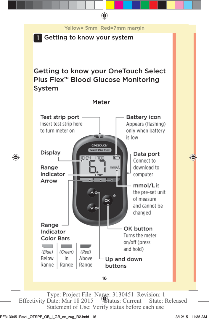 161 Getting to know your systemMeterGetting to know your OneTouchSelect Plus Flex™ Blood Glucose Monitoring SystemYellow= 5mm  Red=7mm marginPF3130451Rev1_OTSPF_OB_I_GB_en_zug_R2.indd   16 3/12/15   11:35 AM Statement of Use: Verify status before each useEffectivity Date: Mar 18 2015       Status: Current     State: ReleasedType: Project File  Name: 3130451  Revision: 1