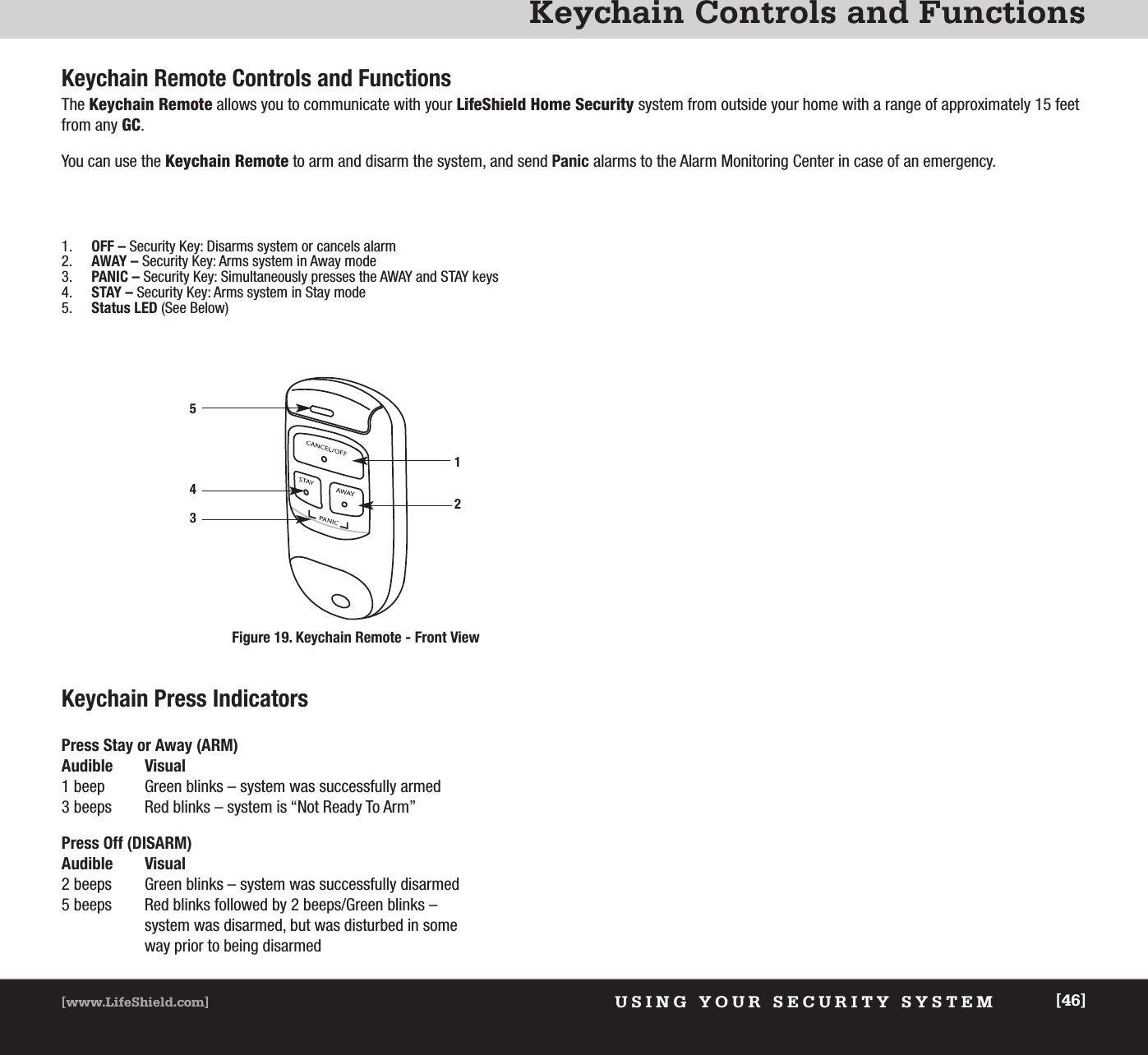 Keychain Controls and FunctionsUSING YOUR SECURITY SYSTEM[www.LifeShield.com] [46]1. OFF – Security Key: Disarms system or cancels alarm2. AWAY – Security Key: Arms system in Away mode 3. PANIC – Security Key: Simultaneously presses the AWAY and STAY keys 4. STAY – Security Key: Arms system in Stay mode 5. Status LED (See Below)12543Keychain Remote Controls and FunctionsThe Keychain Remote allows you to communicate with your LifeShield Home Security system from outside your home with a range of approximately 15 feetfrom any GC. You can use the Keychain Remote to arm and disarm the system, and send Panic alarms to the Alarm Monitoring Center in case of an emergency.  Figure 19. Keychain Remote - Front ViewKeychain Press IndicatorsPress Stay or Away (ARM)Audible Visual 1 beep Green blinks – system was successfully armed3 beeps Red blinks – system is “Not Ready To Arm”Press Off (DISARM)Audible Visual 2 beeps Green blinks – system was successfully disarmed5 beeps Red blinks followed by 2 beeps/Green blinks –system was disarmed, but was disturbed in someway prior to being disarmed