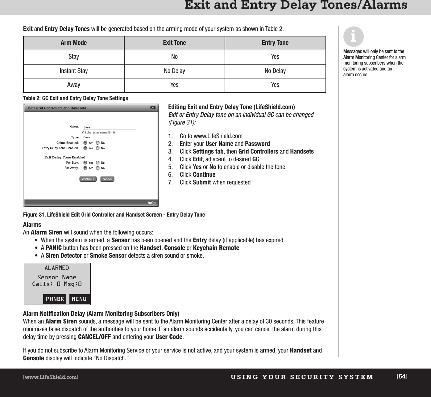 USING YOUR SECURITY SYSTEM[www.LifeShield.com] [54]Exit and Entry Delay Tones/AlarmsExit and Entry Delay Tones will be generated based on the arming mode of your system as shown in Table 2.Editing Exit and Entry Delay Tone (LifeShield.com)Exit or Entry Delay tone on an individual GC can be changed(Figure 31):1. Go to www.LifeShield.com 2. Enter your User Name and Password3. Click Settings tab, then Grid Controllers and Handsets4. Click Edit, adjacent to desired GC5. Click Yes or No to enable or disable the tone6. Click Continue7. Click Submit when requestedArm Mode Exit Tone  Entry ToneStay No YesInstant Stay No Delay No DelayAway Yes YesiMessages will only be sent to theAlarm Monitoring Center for alarmmonitoring subscribers when thesystem is activated and an alarm occurs. AlarmsAn Alarm Siren will sound when the following occurs:•  When the system is armed, a Sensor has been opened and the Entry delay (if applicable) has expired.• A PANIC button has been pressed on the Handset, Console or Keychain Remote.• A Siren Detector or Smoke Sensor detects a siren sound or smoke.Alarm Notification Delay (Alarm Monitoring Subscribers Only)When an Alarm Siren sounds, a message will be sent to the Alarm Monitoring Center after a delay of 30 seconds. This featureminimizes false dispatch of the authorities to your home. If an alarm sounds accidentally, you can cancel the alarm during thisdelay time by pressing CANCEL/OFF and entering your User Code. If you do not subscribe to Alarm Monitoring Service or your service is not active, and your system is armed, your Handset andConsole display will indicate “No Dispatch.”PHNBK  MENUALARMEDSensor NameCalls: 0 Msg:0Figure 31. LifeShield Edit Grid Controller and Handset Screen - Entry Delay ToneTable 2: GC Exit and Entry Delay Tone Settings