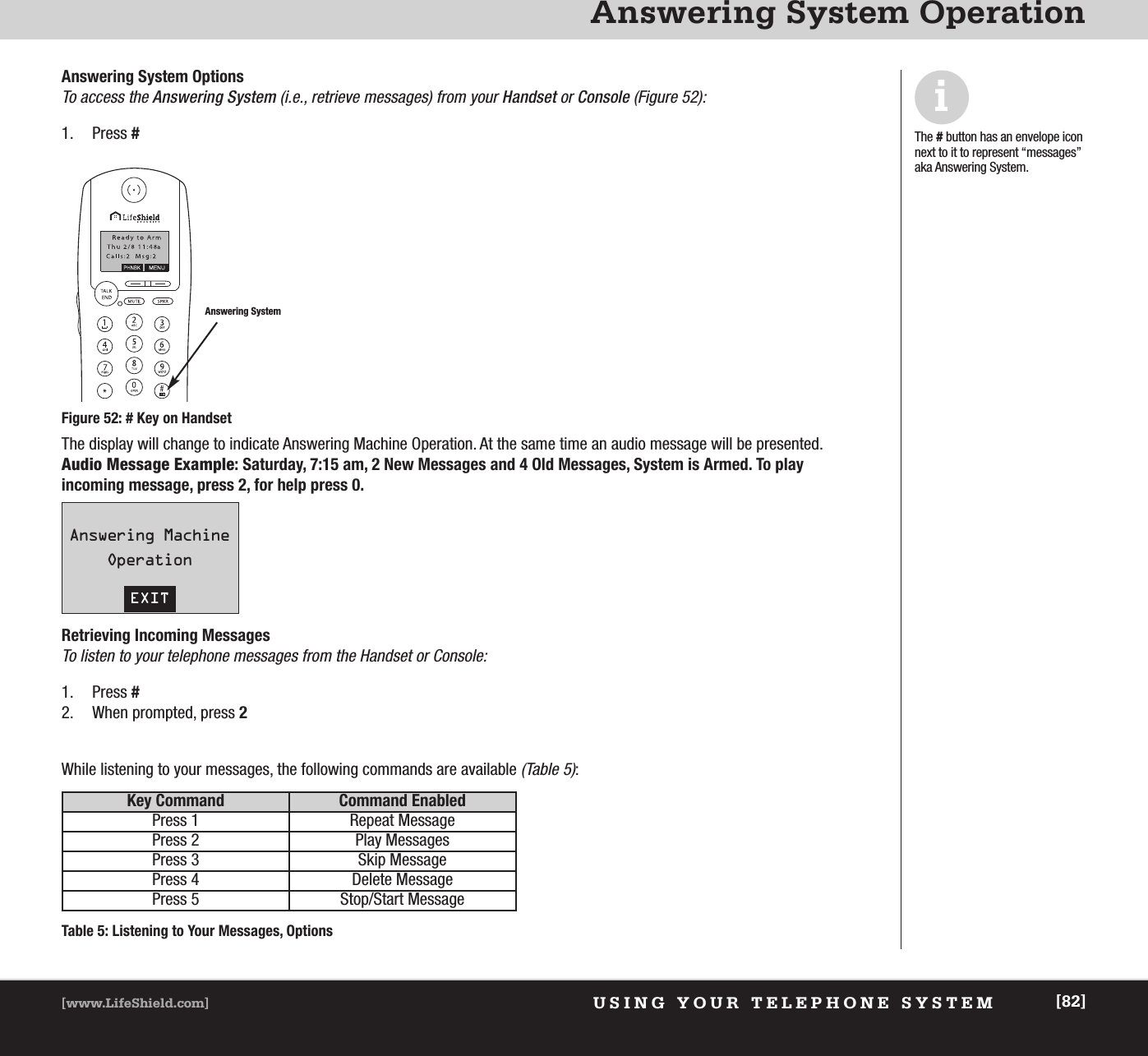 USING YOUR TELEPHONE SYSTEM[www.LifeShield.com] [82]Answering System OperationEXITAnswering MachineOperationAnswering System OptionsTo access the Answering System (i.e., retrieve messages) from your Handset or Console (Figure 52):1. Press #Answering SystemFigure 52: # Key on HandsetiThe #button has an envelope iconnext to it to represent “messages”aka Answering System.The display will change to indicate Answering Machine Operation. At the same time an audio message will be presented. Audio Message Example: Saturday, 7:15 am, 2 New Messages and 4 Old Messages, System is Armed. To play incoming message, press 2, for help press 0.Retrieving Incoming MessagesTo listen to your telephone messages from the Handset or Console:1. Press #2. When prompted, press 2While listening to your messages, the following commands are available (Table 5):Key Command Command EnabledPress 1 Repeat MessagePress 2 Play MessagesPress 3 Skip MessagePress 4 Delete MessagePress 5 Stop/Start MessageTable 5: Listening to Your Messages, Options