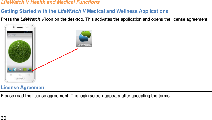 LifeWatch V Health and Medical Functions Getting Started with the LifeWatch V Medical and Wellness Applications Press the LifeWatch V icon on the desktop. This activates the application and opens the license agreement.                             License Agreement Please read the license agreement. The login screen appears after accepting the terms.    30 