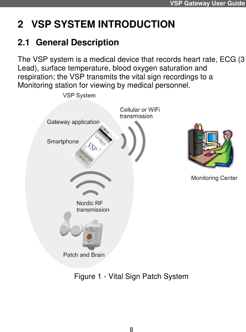 VSP Gateway User Guide 8 2  VSP SYSTEM INTRODUCTION 2.1  General Description The VSP system is a medical device that records heart rate, ECG (3 Lead), surface temperature, blood oxygen saturation and respiration; the VSP transmits the vital sign recordings to a Monitoring station for viewing by medical personnel.   Figure 1 - Vital Sign Patch System   
