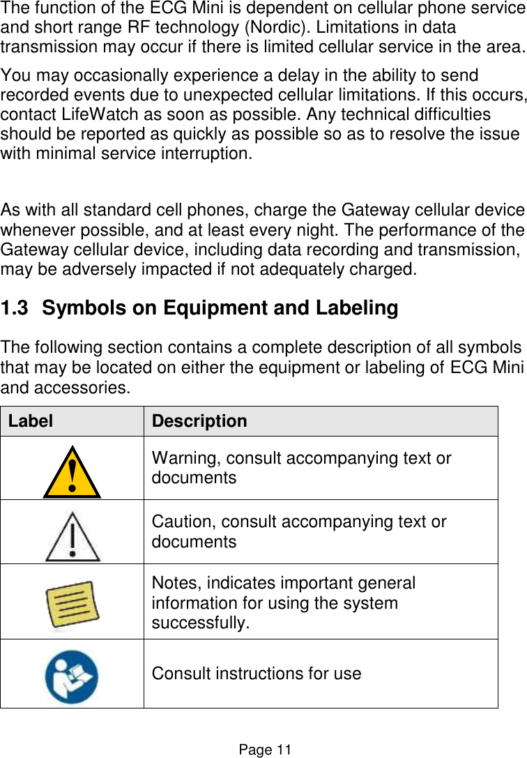  Page 11 The function of the ECG Mini is dependent on cellular phone service and short range RF technology (Nordic). Limitations in data transmission may occur if there is limited cellular service in the area.  You may occasionally experience a delay in the ability to send recorded events due to unexpected cellular limitations. If this occurs, contact LifeWatch as soon as possible. Any technical difficulties should be reported as quickly as possible so as to resolve the issue with minimal service interruption.  As with all standard cell phones, charge the Gateway cellular device whenever possible, and at least every night. The performance of the Gateway cellular device, including data recording and transmission, may be adversely impacted if not adequately charged. 1.3  Symbols on Equipment and Labeling The following section contains a complete description of all symbols that may be located on either the equipment or labeling of ECG Mini and accessories.  Label Description  Warning, consult accompanying text or documents  Caution, consult accompanying text or documents  Notes, indicates important general information for using the system successfully.  Consult instructions for use 