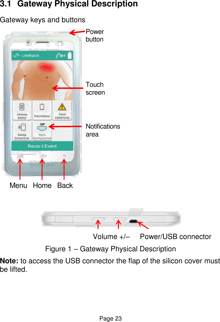  Page 23 3.1  Gateway Physical Description Gateway keys and buttons   Menu   Home   Back Power button    Touch screen   Notifications area                                           Volume +/–     Power/USB connector Figure 1 – Gateway Physical Description Note: to access the USB connector the flap of the silicon cover must be lifted. 