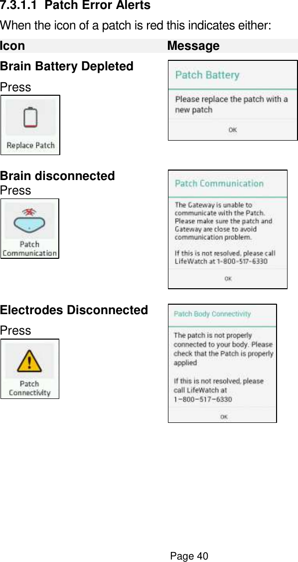  Page 40 7.3.1.1  Patch Error Alerts When the icon of a patch is red this indicates either: Icon Message Brain Battery Depleted Press   Brain disconnected  Press    Electrodes Disconnected Press     