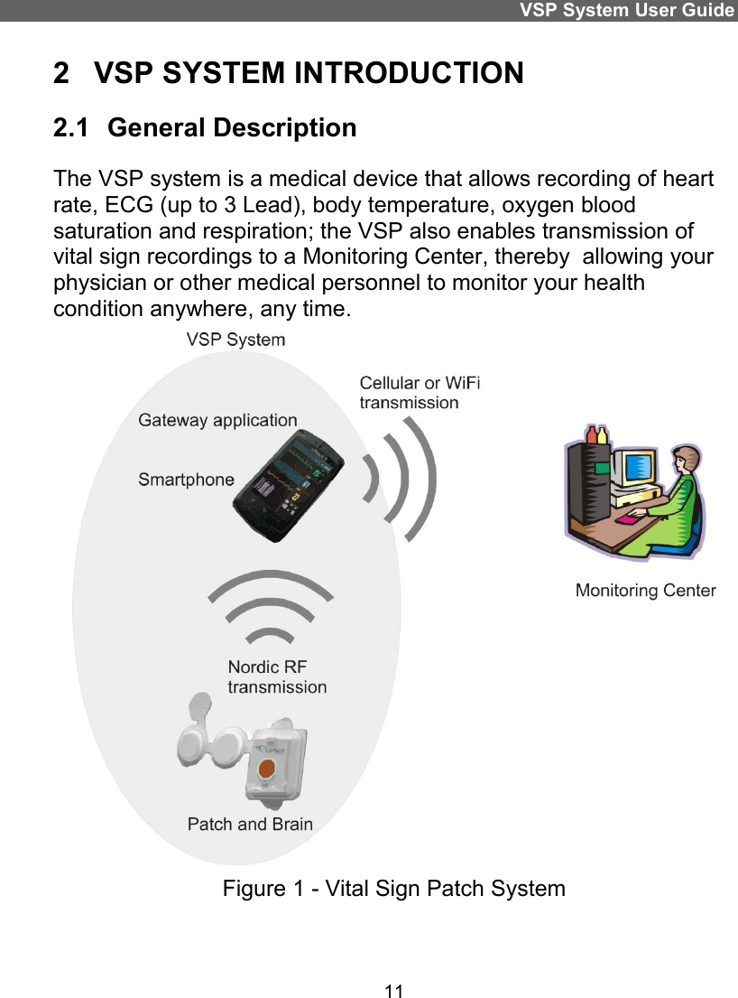 VSP System User Guide 11 2  VSP SYSTEM INTRODUCTION 2.1  General Description The VSP system is a medical device that allows recording of heart rate, ECG (up to 3 Lead), body temperature, oxygen blood saturation and respiration; the VSP also enables transmission of  vital sign recordings to a Monitoring Center, thereby  allowing your physician or other medical personnel to monitor your health condition anywhere, any time.   Figure 1 - Vital Sign Patch System  