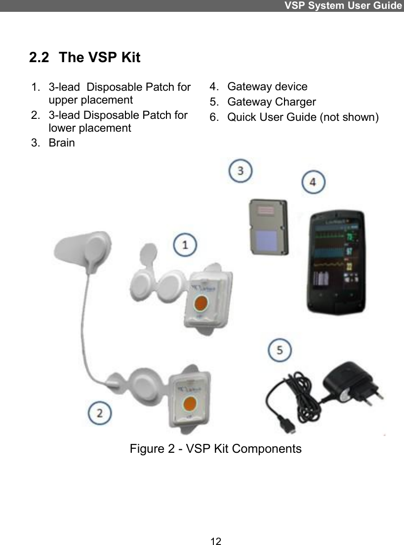 VSP System User Guide 12  2.2  The VSP Kit 1.  3-lead  Disposable Patch for upper placement 2.  3-lead Disposable Patch for lower placement 3.  Brain 4.  Gateway device 5.  Gateway Charger 6.  Quick User Guide (not shown)  Figure 2 - VSP Kit Components    