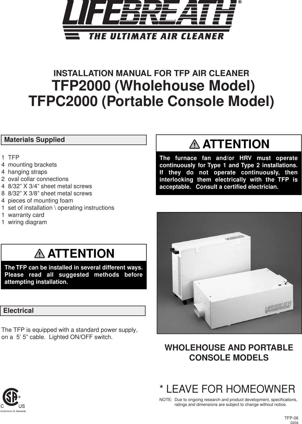 Page 1 of 4 - Lifebreath Lifebreath-Tfp2000-Users-Manual-  Lifebreath-tfp2000-users-manual