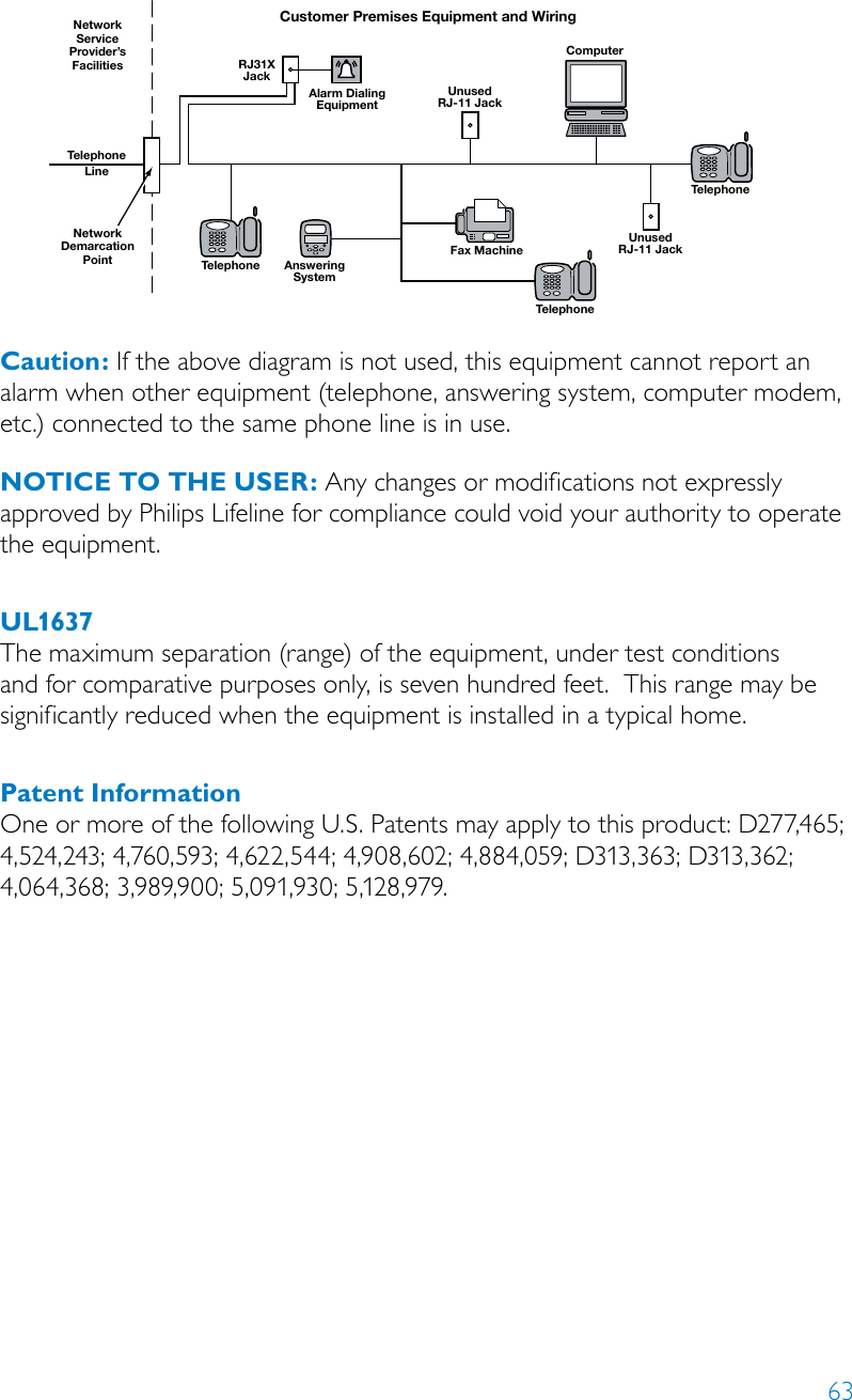 63Caution: If the above diagram is not used, this equipment cannot report an alarm when other equipment (telephone, answering system, computer modem, etc.) connected to the same phone line is in use.NOTICE TO THE USER: Any changes or modifications not expressly approved by Philips Lifeline for compliance could void your authority to operate the equipment.UL1637The maximum separation (range) of the equipment, under test conditions and for comparative purposes only, is seven hundred feet.  This range may be significantly reduced when the equipment is installed in a typical home.Patent InformationOne or more of the following U.S. Patents may apply to this product: D277,465; 4,524,243; 4,760,593; 4,622,544; 4,908,602; 4,884,059; D313,363; D313,362; 4,064,368; 3,989,900; 5,091,930; 5,128,979.RJ31XJackCustomer Premises Equipment and WiringAlarm DialingEquipmentNetworkServiceProvider’sFacilitiesNetworkDemarcationPointTelephoneLineUnusedRJ-11 JackUnusedRJ-11 JackComputerTelephone AnsweringSystemTelephoneFax MachineTelephone