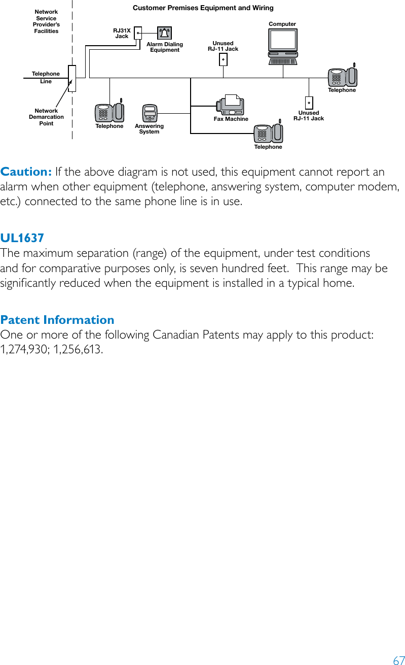 67Caution: If the above diagram is not used, this equipment cannot report an alarm when other equipment (telephone, answering system, computer modem, etc.) connected to the same phone line is in use.UL1637The maximum separation (range) of the equipment, under test conditions and for comparative purposes only, is seven hundred feet.  This range may be significantly reduced when the equipment is installed in a typical home.Patent InformationOne or more of the following Canadian Patents may apply to this product: 1,274,930; 1,256,613.RJ31XJackCustomer Premises Equipment and WiringAlarm DialingEquipmentNetworkServiceProvider’sFacilitiesNetworkDemarcationPointTelephoneLineUnusedRJ-11 JackUnusedRJ-11 JackComputerTelephone AnsweringSystemTelephoneFax MachineTelephone