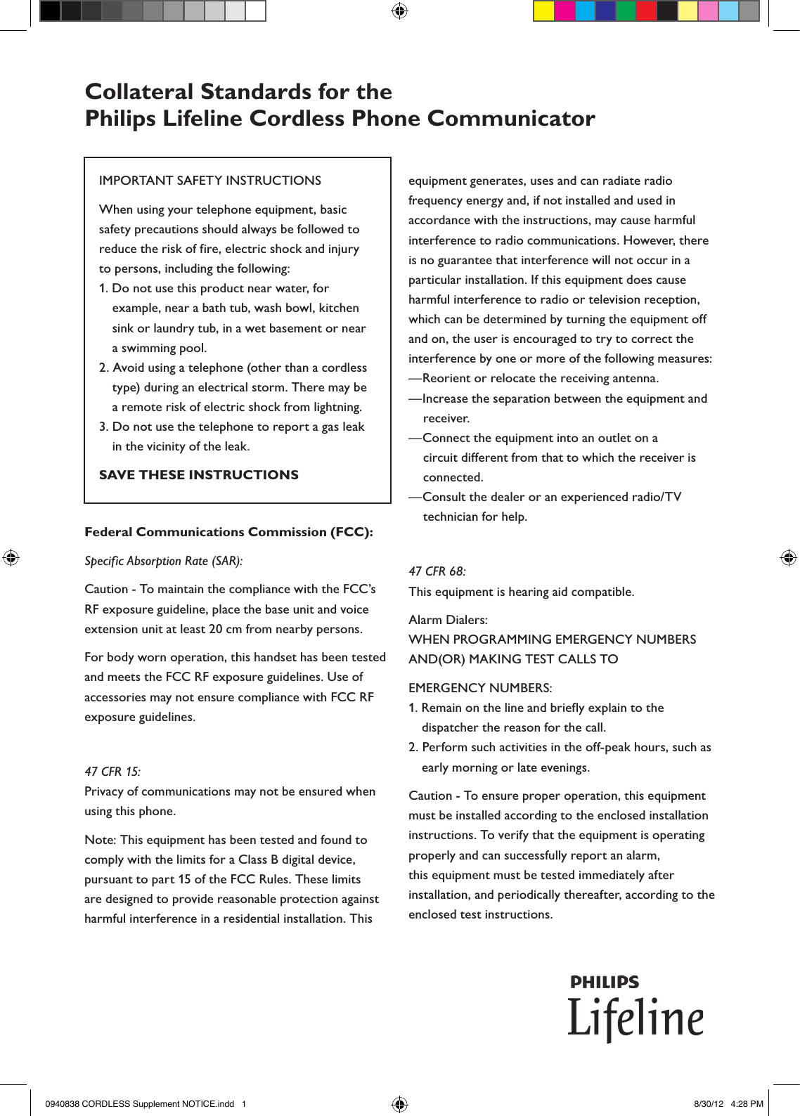 Lifeline Systems 1000 Philips Lifeline Cordless Phone Communicator User