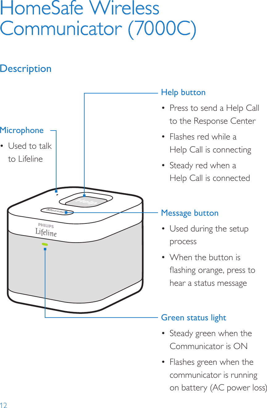 12HomeSafe Wireless Communicator (7000C)Help button•  Press to send a Help Call to the Response Center•  Flashes red while a  Help Call is connecting•  Steady red when a  Help Call is connectedMessage button •  Used during the setup process•  When the button is ashing orange, press to hear a status messageGreen status light•  Steady green when the Communicator is ON•  Flashes green when the communicator is running on battery (AC power loss)Microphone•  Used to talk to LifelineDescription