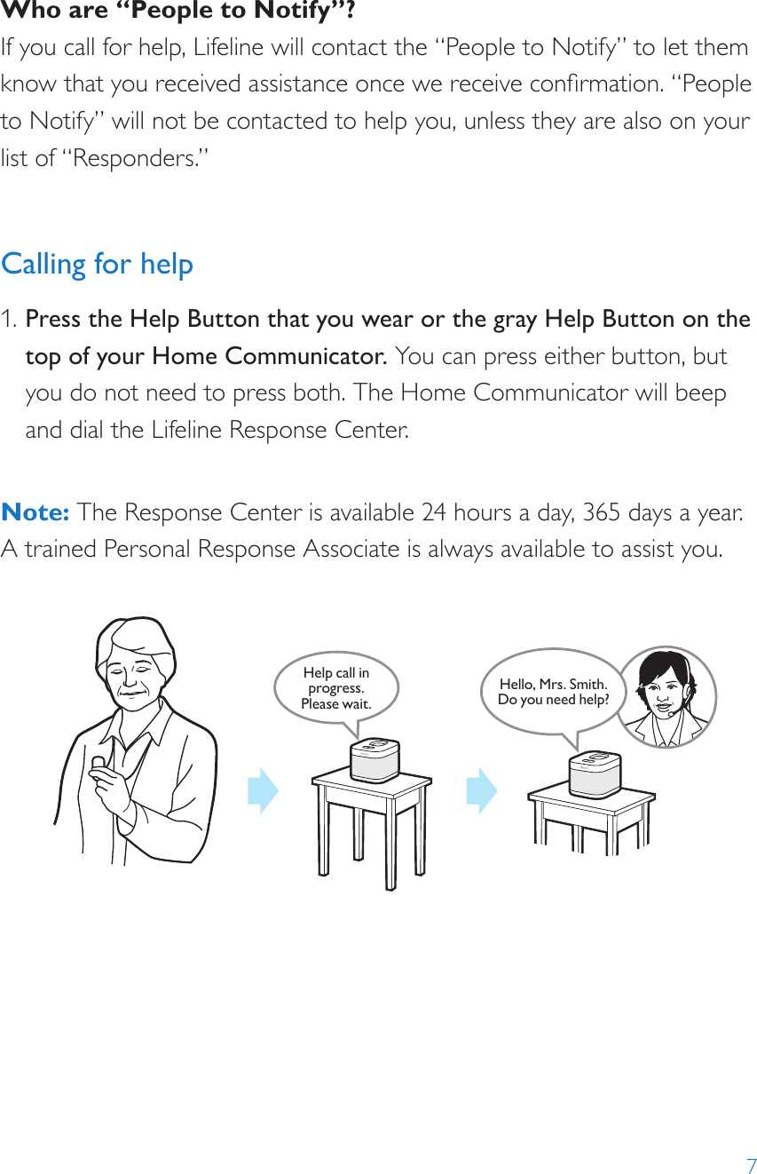 7Who are “People to Notify”?If you call for help, Lifeline will contact the “People to Notify” to let them know that you received assistance once we receive conrmation. “People to Notify” will not be contacted to help you, unless they are also on your list of “Responders.”Calling for help1. Press the Help Button that you wear or the gray Help Button on the top of your Home Communicator. You can press either button, but you do not need to press both. The Home Communicator will beep and dial the Lifeline Response Center.  Note: The Response Center is available 24 hours a day, 365 days a year.  A trained Personal Response Associate is always available to assist you.Help call in progress. Please wait.Hello, Mrs. Smith.Do you need help?