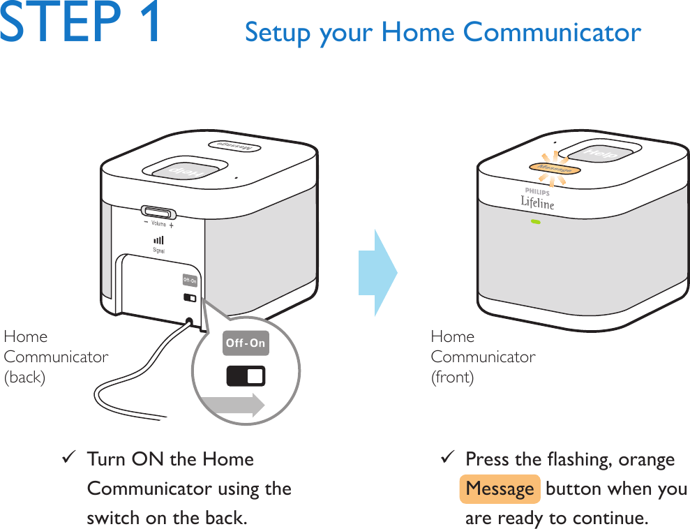 STEP 1 Setup your Home Communicator 9Turn ON the Home Communicator using the  switch on the back.Home Communicator (back)Home Communicator (front) 9Presstheashing,orangeMessage  button when you  are ready to continue.