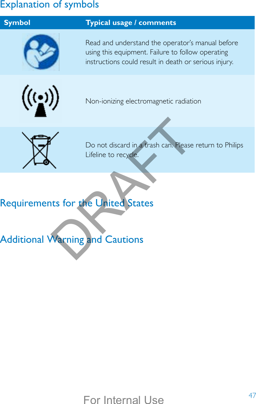 47Explanation of symbolsSymbol Typical usage / commentsRead and understand the operator’s manual before using this equipment. Failure to follow operating instructions could result in death or serious injury.Non-ionizing electromagnetic radiationDo not discard in a trash can. Please return to Philips Lifeline to recycle.Requirements for the United StatesAdditional Warning and Cautions DRAFTFor Internal Use