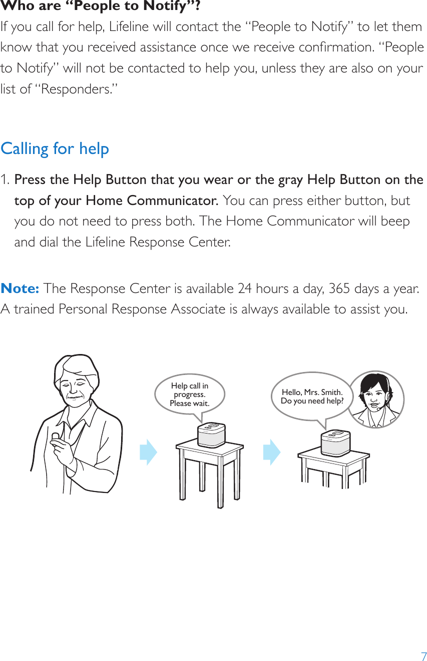 7Who are “People to Notify”?If you call for help, Lifeline will contact the “People to Notify” to let them know that you received assistance once we receive conrmation. “People to Notify” will not be contacted to help you, unless they are also on your list of “Responders.”Calling for help1. Press the Help Button that you wear or the gray Help Button on the top of your Home Communicator. You can press either button, but you do not need to press both. The Home Communicator will beep and dial the Lifeline Response Center.  Note: The Response Center is available 24 hours a day, 365 days a year.  A trained Personal Response Associate is always available to assist you.Help call in progress. Please wait.Hello, Mrs. Smith.Do you need help?