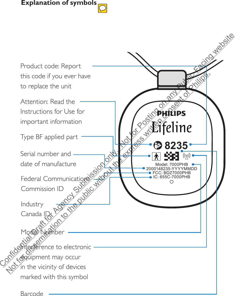 8235Model: 7000PHB2000148235-YYYYMMDDFCC: BDZ7000PHBIC: 655C-7000PHB82352000148235-YYYYMMDDFCC: BDZ7000AHBIC: 655C-7000AHBModel: 7000AHB82352000148235-YYYYMMDDFCC: BDZ7000AHBIC: 655C-7000AHBModel: 7000AHBExplanation of symbolsProduct code: Report  this code if you ever have to replace the unitSerial number and date of manufactureFederal Communications Commission IDIndustry Canada IDAttention: Read the Instructions for Use for important informationInterference to electronic equipment may occur in the vicinity of devices marked with this symbolModel NumberBarcodeType BF applied partConfidential Draft for Agency Submission only.  Not for Posting on any Public-Facing website Not for dissemination to the public without the express written consent of Philips.  