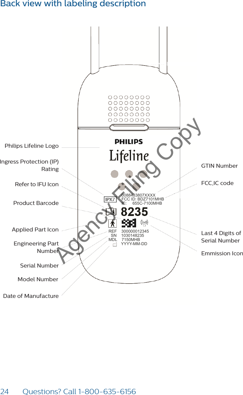 24 Questions? Call 1-800-635-6156Item Descripon1 Philips Lifeline Logo2  NuG mTI bN er3 Refer to IFU Icon4  NuSer mia bl er5  NM uod mbel er6 A  p Papl ri te  d Icon7 L  a 4s  t Digits of Serial Number8  D ofa  t Me anufacture9 Engineering Part Number10 Emmission Icon11 Ingress Protecon (IP) Rang12 FCC,IC code13 Product BarcodeTable 1 – Content Details 7150MHBREF    300000012345  SN    1030148235MDL    7150MHB           YYYY-MM-DD0088483807XXXXFCC ID: BDZ7101MHBIC:     655C-7100MHBPhilips Lifeline LogoIngress Protection (IP) Rating GTIN NumberRefer to IFU IconProduct BarcodeApplied Part IconEngineering Part NumberSerial NumberLast 4 Digits of Serial NumberModel NumberFCC,IC codeEmmission IconDate of ManufactureBack view with labeling descriptionAgency Filing Copy