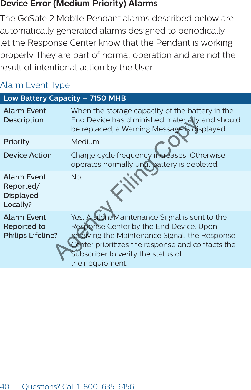 40 Questions? Call 1-800-635-6156Device Error (Medium Priority) Alarms The GoSafe 2 Mobile Pendant alarms described below are automatically generated alarms designed to periodically let the Response Center know that the Pendant is working properly They are part of normal operation and are not the result of intentional action by the User. Alarm Event TypeLow Battery Capacity – 7150 MHBAlarm Event  DescriptionWhen the storage capacity of the battery in the End Device has diminished materially and should be replaced, a Warning Message is displayed.Priority MediumDevice Action Charge cycle frequency increases. Otherwise operates normally until battery is depleted.Alarm Event Reported/Displayed Locally?No.Alarm Event Reported to Philips Lifeline?Yes. A silent Maintenance Signal is sent to the Response Center by the End Device. Upon receiving the Maintenance Signal, the Response Center prioritizes the response and contacts the Subscriber to verify the status of  their equipment.Agency Filing Copy