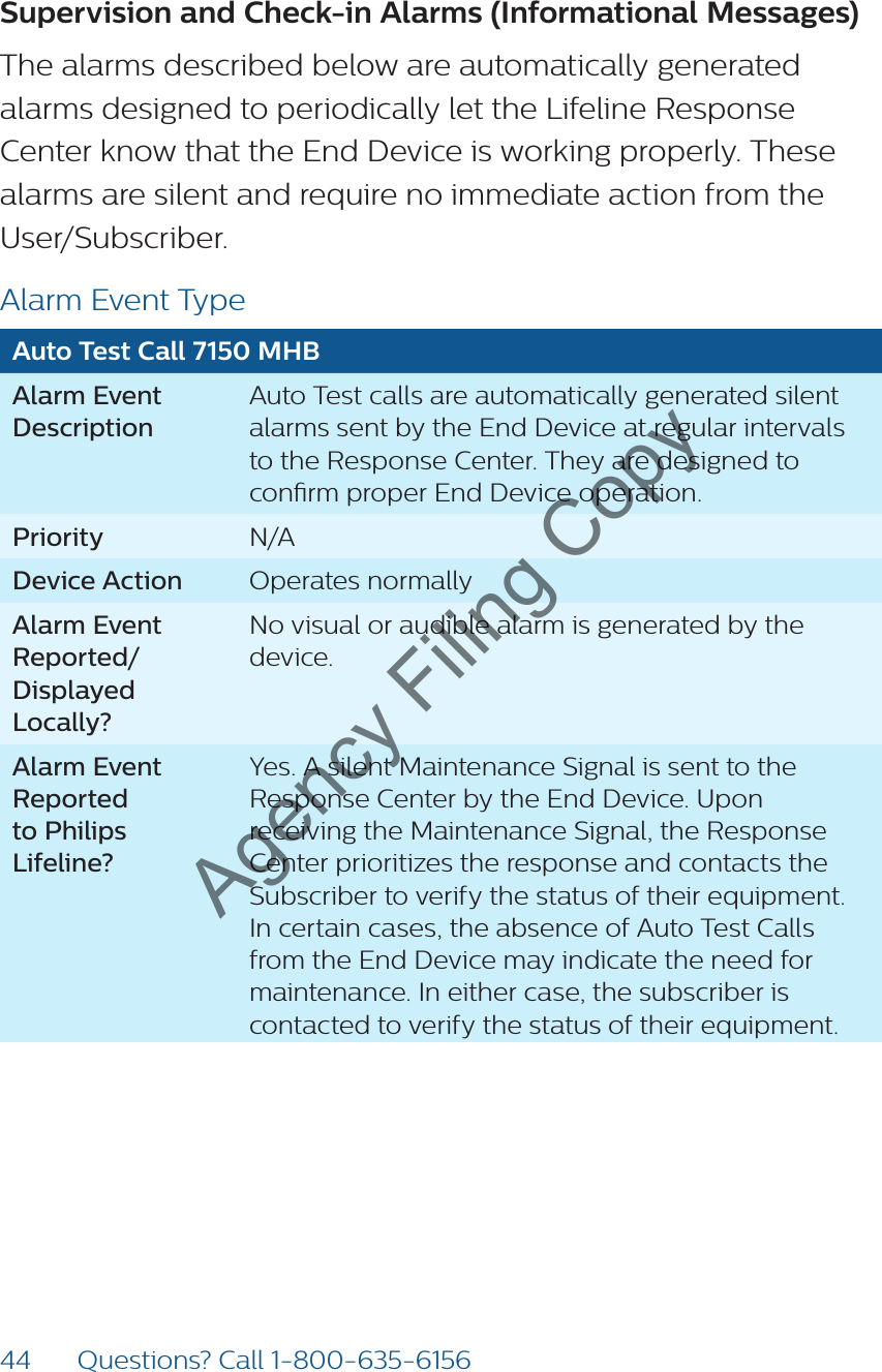 44 Questions? Call 1-800-635-6156Supervision and Check-in Alarms (Informational Messages) The alarms described below are automatically generated alarms designed to periodically let the Lifeline Response Center know that the End Device is working properly. These alarms are silent and require no immediate action from the User/Subscriber.Alarm Event TypeAuto Test Call 7150 MHBAlarm Event  DescriptionAuto Test calls are automatically generated silent alarms sent by the End Device at regular intervals to the Response Center. They are designed to conrm proper End Device operation. Priority N/ADevice Action Operates normallyAlarm Event Reported/Displayed Locally?No visual or audible alarm is generated by the device.Alarm Event Reported  to Philips Lifeline?Yes. A silent Maintenance Signal is sent to the Response Center by the End Device. Upon receiving the Maintenance Signal, the Response Center prioritizes the response and contacts the Subscriber to verify the status of their equipment. In certain cases, the absence of Auto Test Calls from the End Device may indicate the need for maintenance. In either case, the subscriber is contacted to verify the status of their equipment.Agency Filing Copy