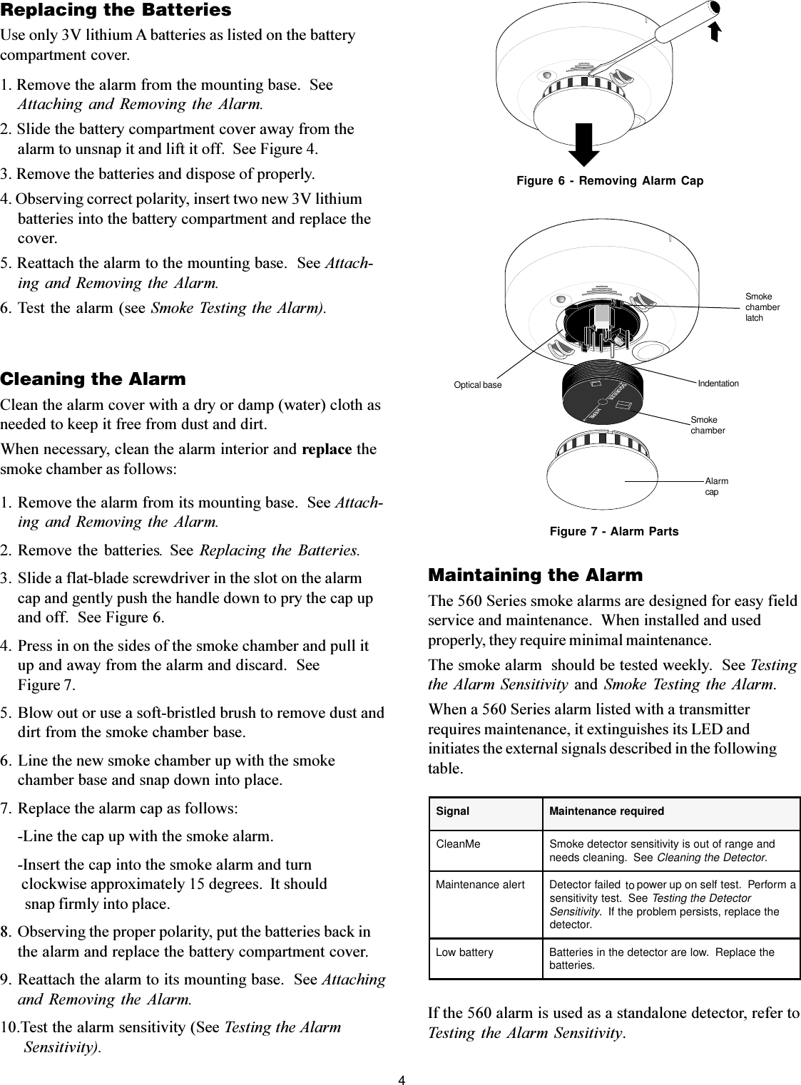 4Figure 6 - Removing Alarm CapCleaning the AlarmClean the alarm cover with a dry or damp (water) cloth asneeded to keep it free from dust and dirt.When necessary, clean the alarm interior and replace thesmoke chamber as follows:1. Remove the alarm from its mounting base.  See Attach-ing  and  Removing  the  Alarm.2. Remove  the batteries.  See  Replacing  the  Batteries.3. Slide a flat-blade screwdriver in the slot on the alarmcap and gently push the handle down to pry the cap upand off.  See Figure 6.4. Press in on the sides of the smoke chamber and pull itup and away from the alarm and discard.  SeeFigure 7.5. Blow out or use a soft-bristled brush to remove dust anddirt from the smoke chamber base.6. Line the new smoke chamber up with the smokechamber base and snap down into place.7. Replace the alarm cap as follows:-Line the cap up with the smoke alarm.-Insert the cap into the smoke alarm and turn clockwise approximately 15 degrees.  It should  snap firmly into place.8. Observing the proper polarity, put the batteries back inthe alarm and replace the battery compartment cover.9. Reattach the alarm to its mounting base.  See Attachingand  Removing  the  Alarm.10.Test the alarm sensitivity (See Testing the Alarm  Sensitivity).SmokechamberlatchSQUEEZEHEREAlarmcapOptical baseSmokechamberIndentationFigure 7 - Alarm PartsMaintaining the AlarmThe 560 Series smoke alarms are designed for easy fieldservice and maintenance.  When installed and usedproperly, they require minimal maintenance.The smoke alarm  should be tested weekly.  See Testingthe Alarm  Sensitivity  and  Smoke  Testing  the  Alarm.When a 560 Series alarm listed with a transmitterrequires maintenance, it extinguishes its LED andinitiates the external signals described in the followingtable.langiS deriuqerecnanetniaMeMnaelCdnaegnarfotuosiytivitisnesrotcetedekomS eeS.gninaelcsdeenrotceteDehtgninaelC.trelaecnanetniaMamrofreP.tsetflesp onurewopdeliafrotceteD eeS.tsetytivitisnesrotceteDehtgnitseTytivitisneSehtecalper,stsisrepmelborpehtfI..rotcetedyrettabwoLehtecalpeR.wolerarotcetedehtniseirettaB .seirettabtoReplacing the BatteriesUse only 3V lithium A batteries as listed on the batterycompartment cover.1. Remove the alarm from the mounting base.  SeeAttaching  and  Removing  the  Alarm.2. Slide the battery compartment cover away from thealarm to unsnap it and lift it off.  See Figure 4.3. Remove the batteries and dispose of properly.4. Observing correct polarity, insert two new 3V lithiumbatteries into the battery compartment and replace thecover.5. Reattach the alarm to the mounting base.  See Attach-ing  and  Removing  the  Alarm.6. Test the alarm (see  Smoke Testing the Alarm).If the 560 alarm is used as a standalone detector, refer toTesting  the Alarm  Sensitivity.